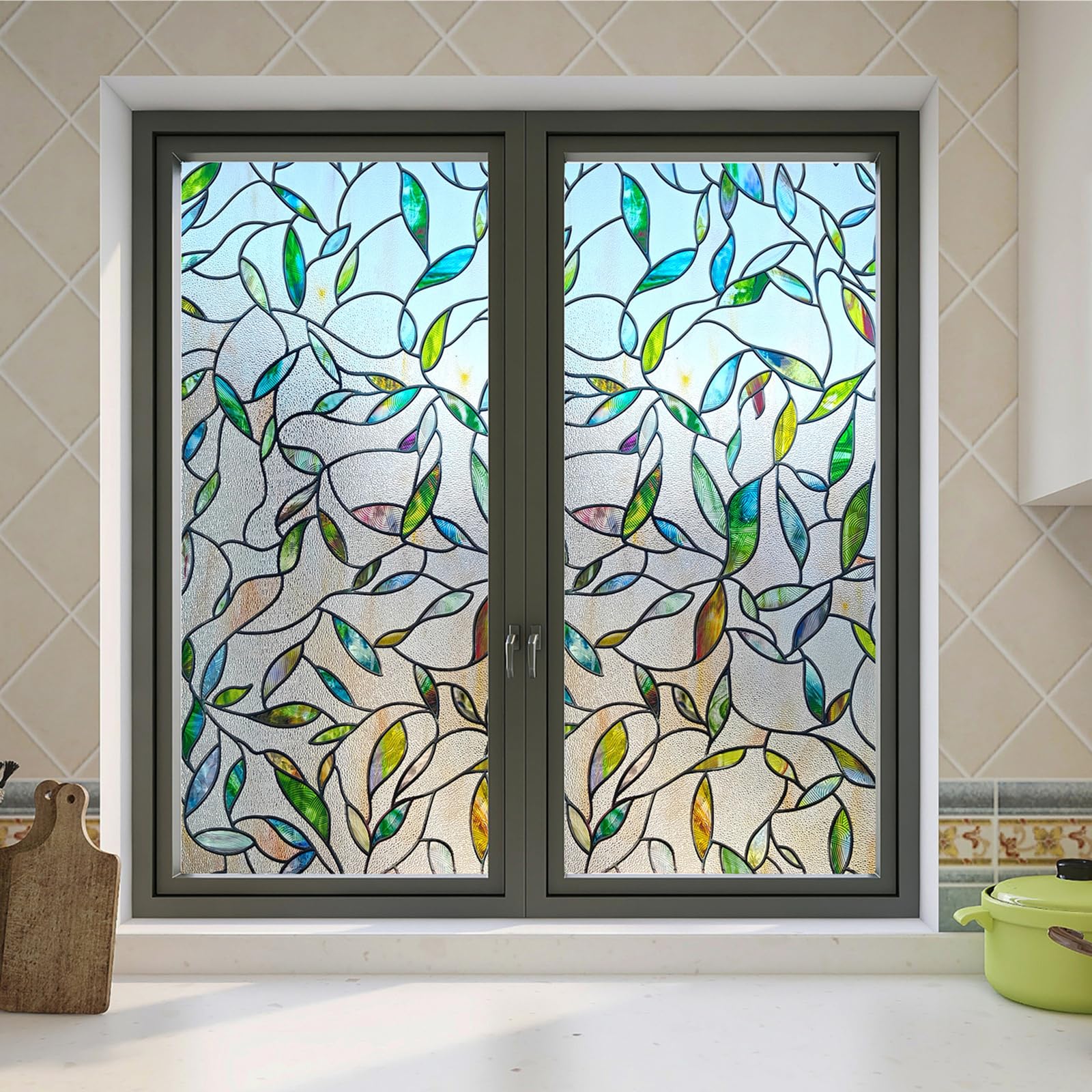 Film statique décoratif 3D pour fenêtre 42,9x200 cm aux motifs de feuilles colorées sans adhésif