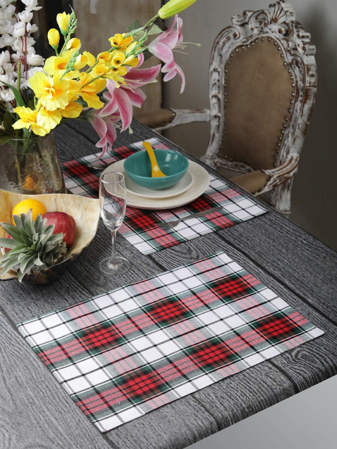 Cotton Placemats, Set Of 4, Double Sided Placemats (13 X 19 Inch), Red/White/Green Plaid - Perfect For Thanks Giving, Christmas, Spring, Summer, Holidays - Christmas And For Everyday Use