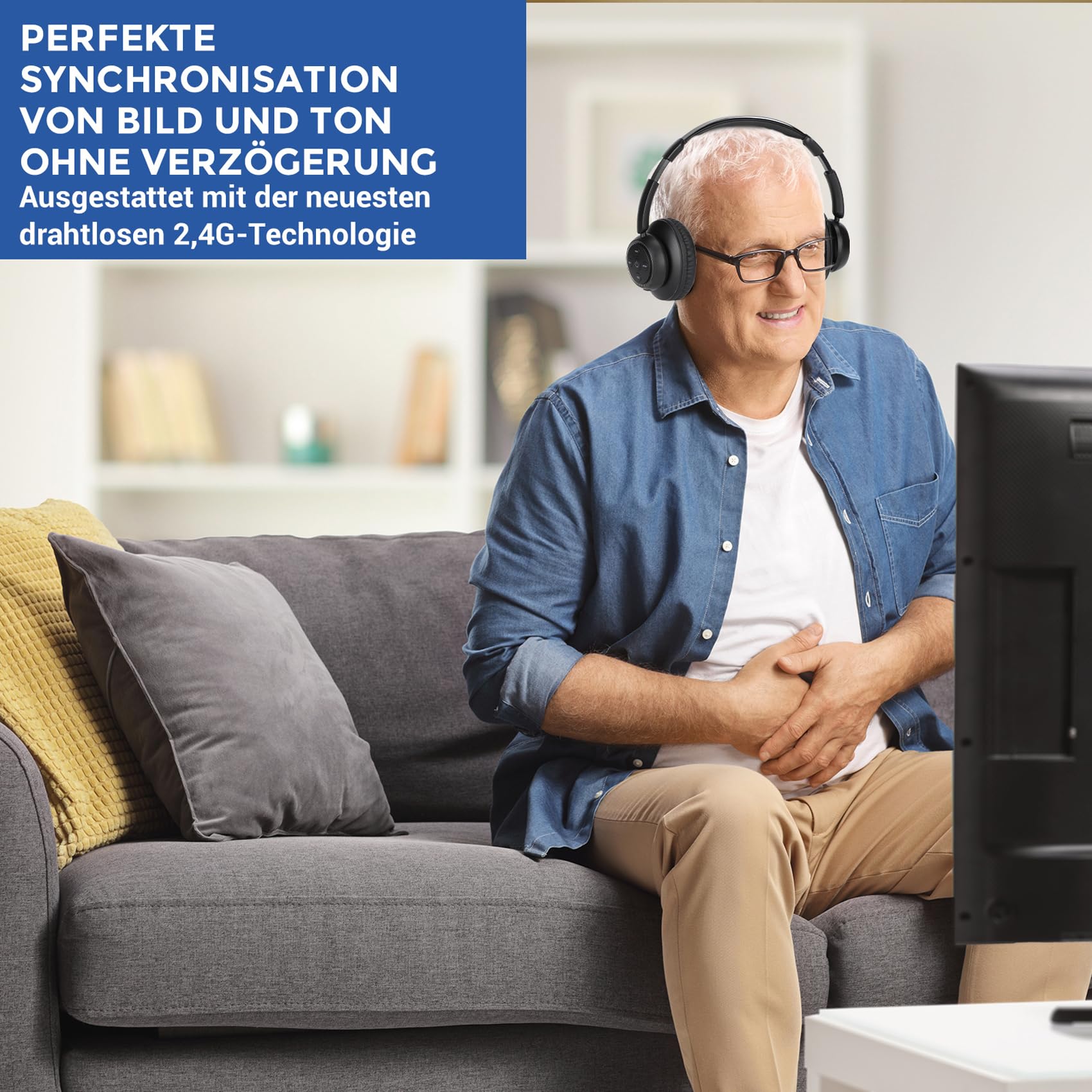 Kabellose TV-Kopfhörer für Senioren – Hohe Lautstärke, Kein Audio-Verzögerung (Plug & Play) – Kompatibel mit Optisch/AUX/RCA/USB – Inkl. Senioren-Ladestation, Schwarz