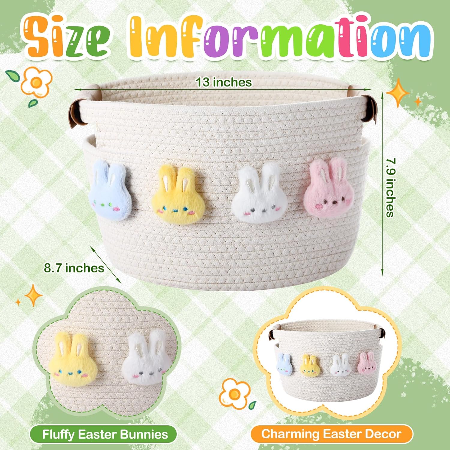 Woven Easter Basket Empty Set Bunny Woven Rope Storage Basket with Handle 13 x 8.7 x 7.9'' Empty Storage Egg Easter Hunting Hunt Bucket Stuffed for Party Supplies Treats Filling with Favors