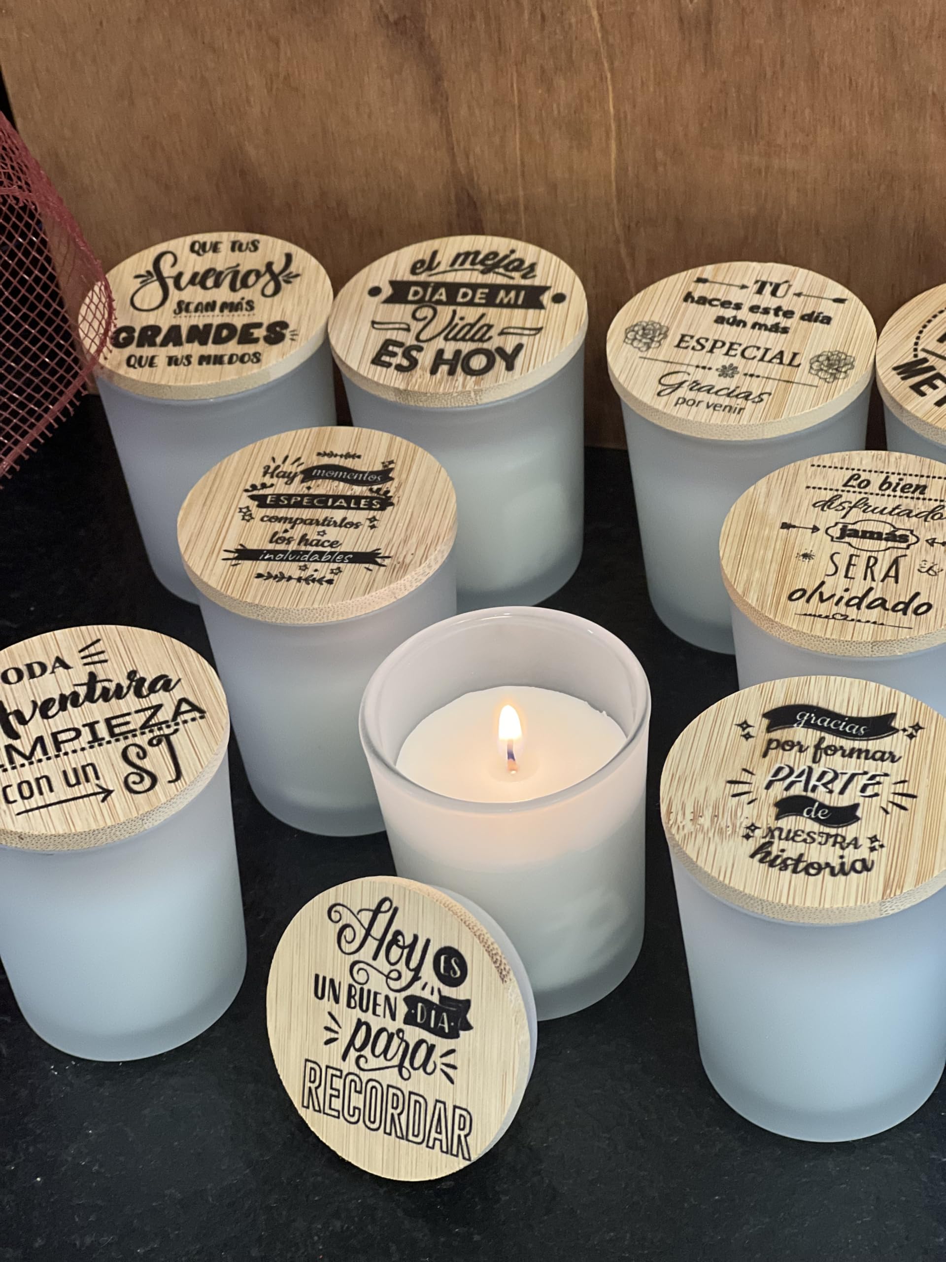 Uvimark - Detalles de boda, comunión, bautizo - Set de 10 velas aromáticas con mensaje - Velas estampadas con tapa de madera - Regalos Originales