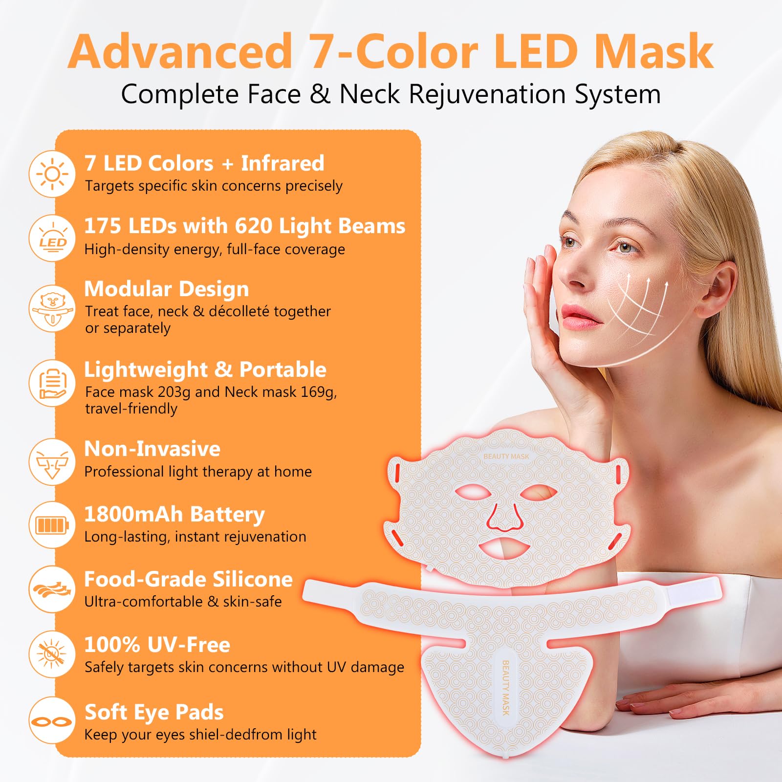 LED Gesichtsmaske Lichttherapie, LED Maske für Gesicht und Hals | 7 Farben Rotlichtlampe Maske Gesicht für Anti-Aging, Akne & Hautstraffung, professionelle Hautpflege für zu Hause Beauty Weiß