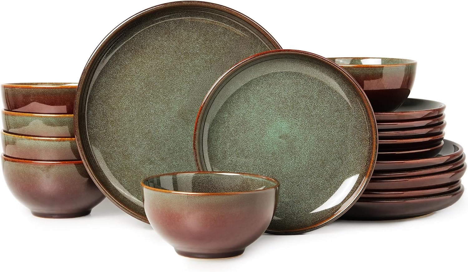 Stoneware Dinnerware Sets for 6, 18 Pieces Ceramic Plates and Bowls Sets, Chip and Scratch Resistant Dish Set, Dishwasher & Microwave Safe Plate Set, Brown Green