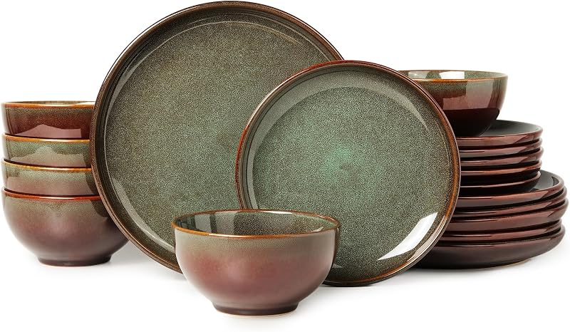 Stoneware Dinnerware Sets for 6, 18pcs Plates and Bowls Sets Dishes | Reactive Glaze Ceramic Dish Set, Microwave & Dishwasher Safe, Highly Chip and Crack Resistant Dishware sets, Brown Green