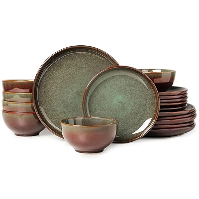 Stoneware Dinnerware Sets for 6, 18 Pieces Ceramic Plates and Bowls Sets, Chip and Scratch Resistant Dish Set, Dishwasher & Microwave Safe Plate Set, Brown Green
