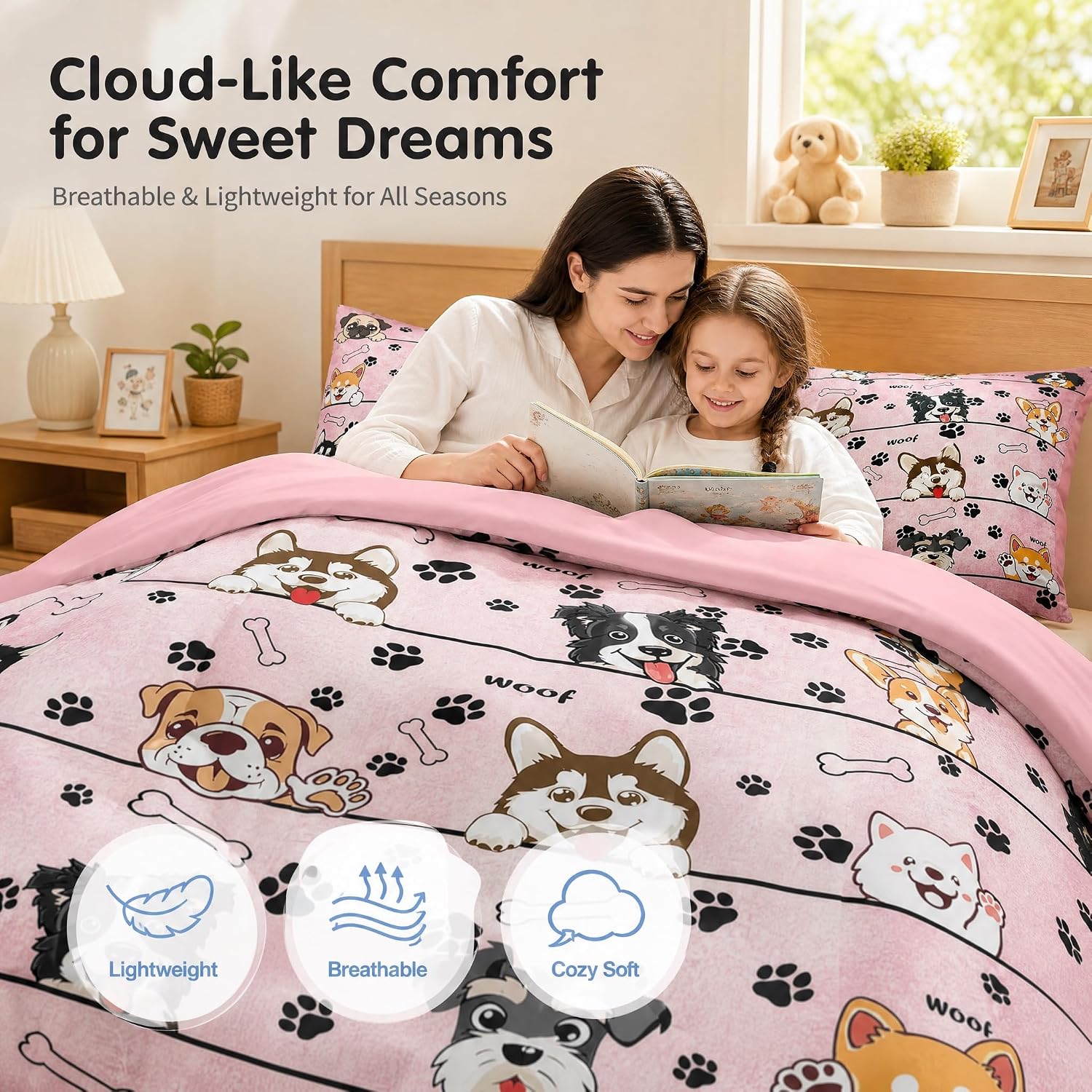 Manfei Black Paw Bone Print Pink Bedding Set for Boys Girls,Cartoon Puppy Pet Animals All Season Cozy Comforter Set Full Size,Cute Dog Duvet Set Bedroom Decor,Personalized Birthday Gifts