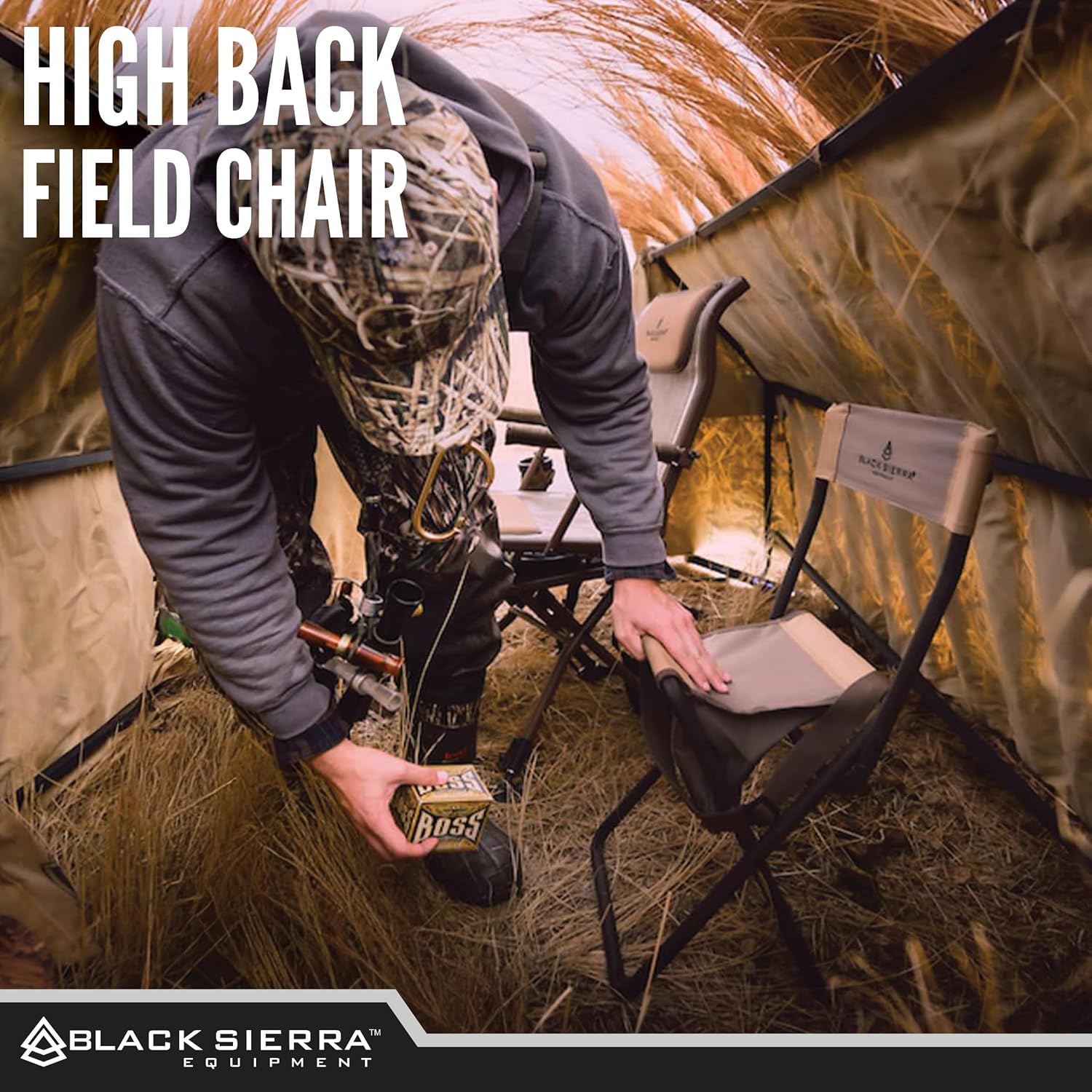 Black Sierra Folding Hunting Stool w/Under Seat Storage Pouch and Carry Strap, Lightweight Portable Hunt Chair w/Backrest, Heavy-Duty Steel Frame Supports 250 LBS, for Hunting, Fishing