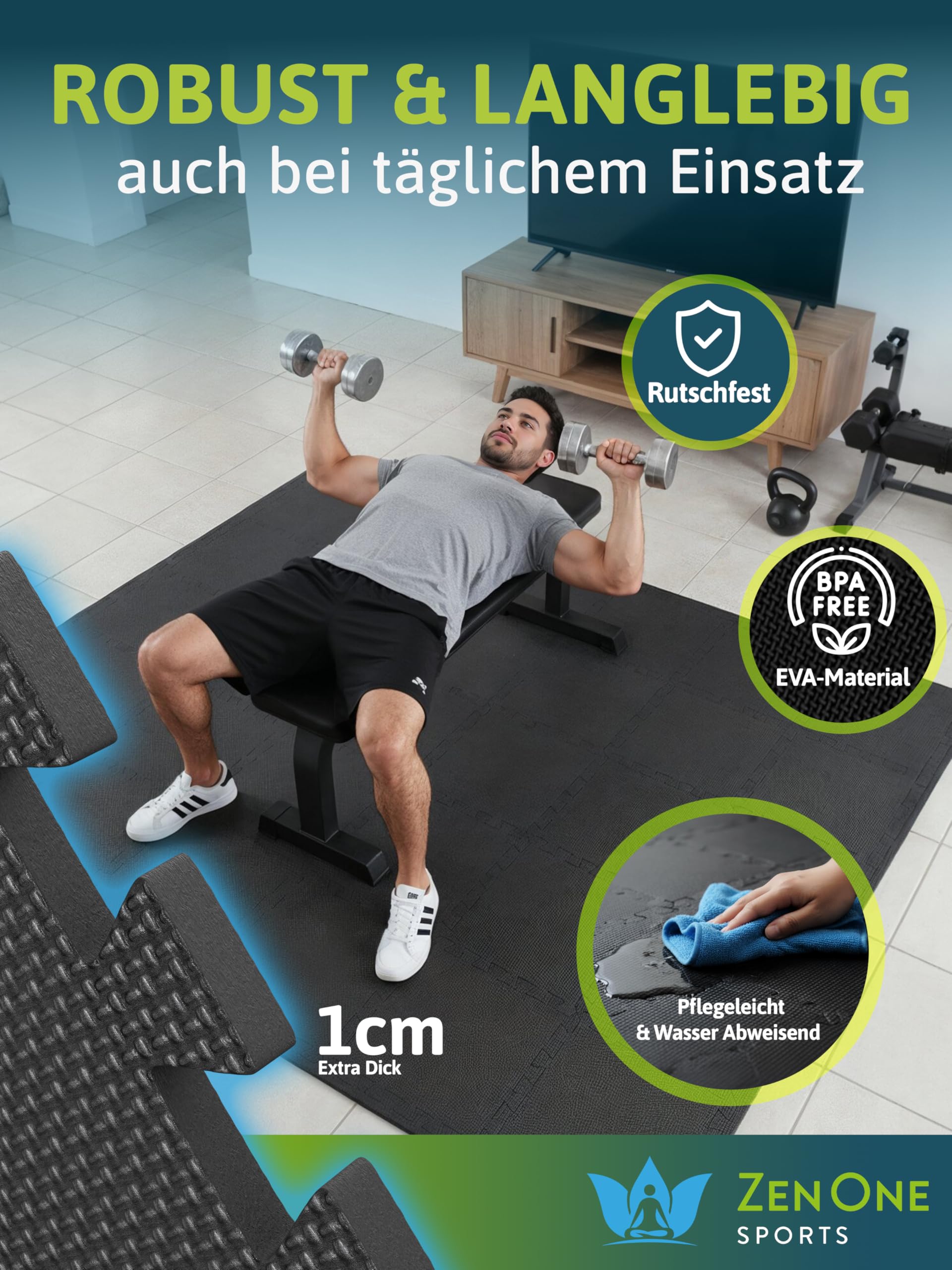 ZenOne Sports® Bodenschutzmatte Fitness I Puzzlematte Boden - 30x30x1cm I Individuell verlegbare Trainingsmatte für dein Home Gym I Robuste Bodenmatte für Sportgeräte, Schaumstoffmatte