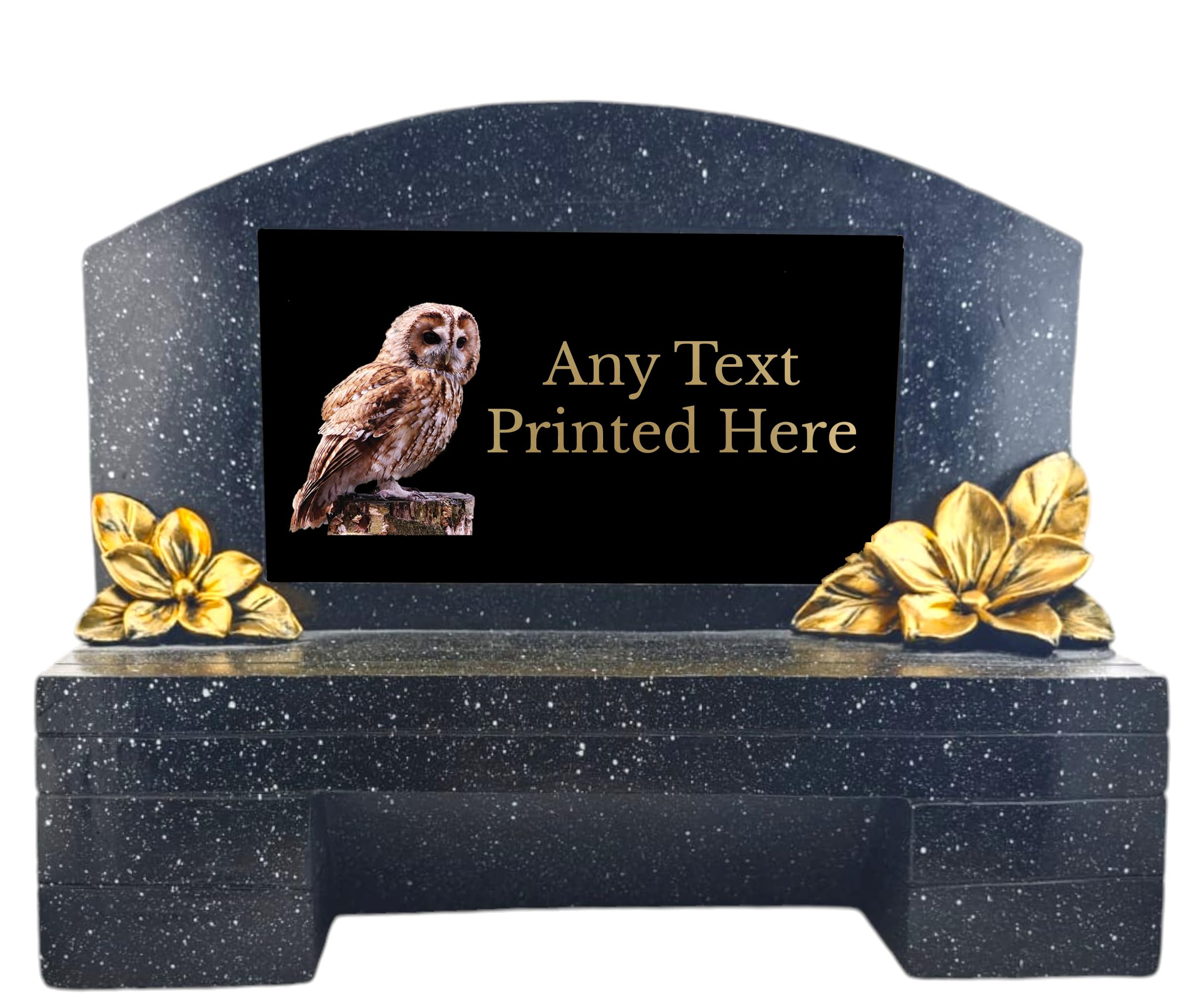 1stclassgifts Personalised Printed Black Large Memorial Bench With Plaque Grave Marker Selection Of Designs Available Robin Kingfisher Owl Rainbow Crossl (UV PRINTED) (Black Plate Gold Text, Owl)