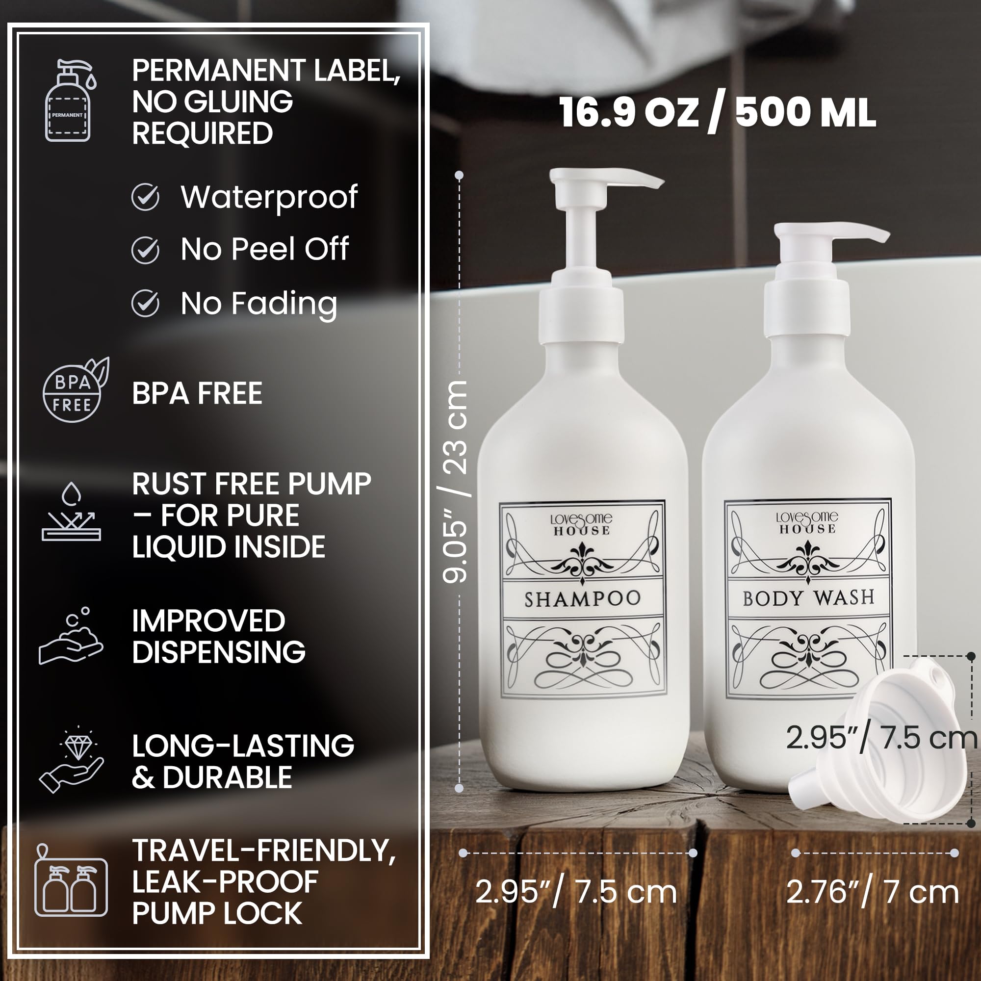 BasedFloor Set di 3 flaconi dispenser per shampoo e balsamo, 500 ml, in plastica, vuoti, ricaricabili, per lozioni, bagno, doccia, bagnoschiuma (ambra