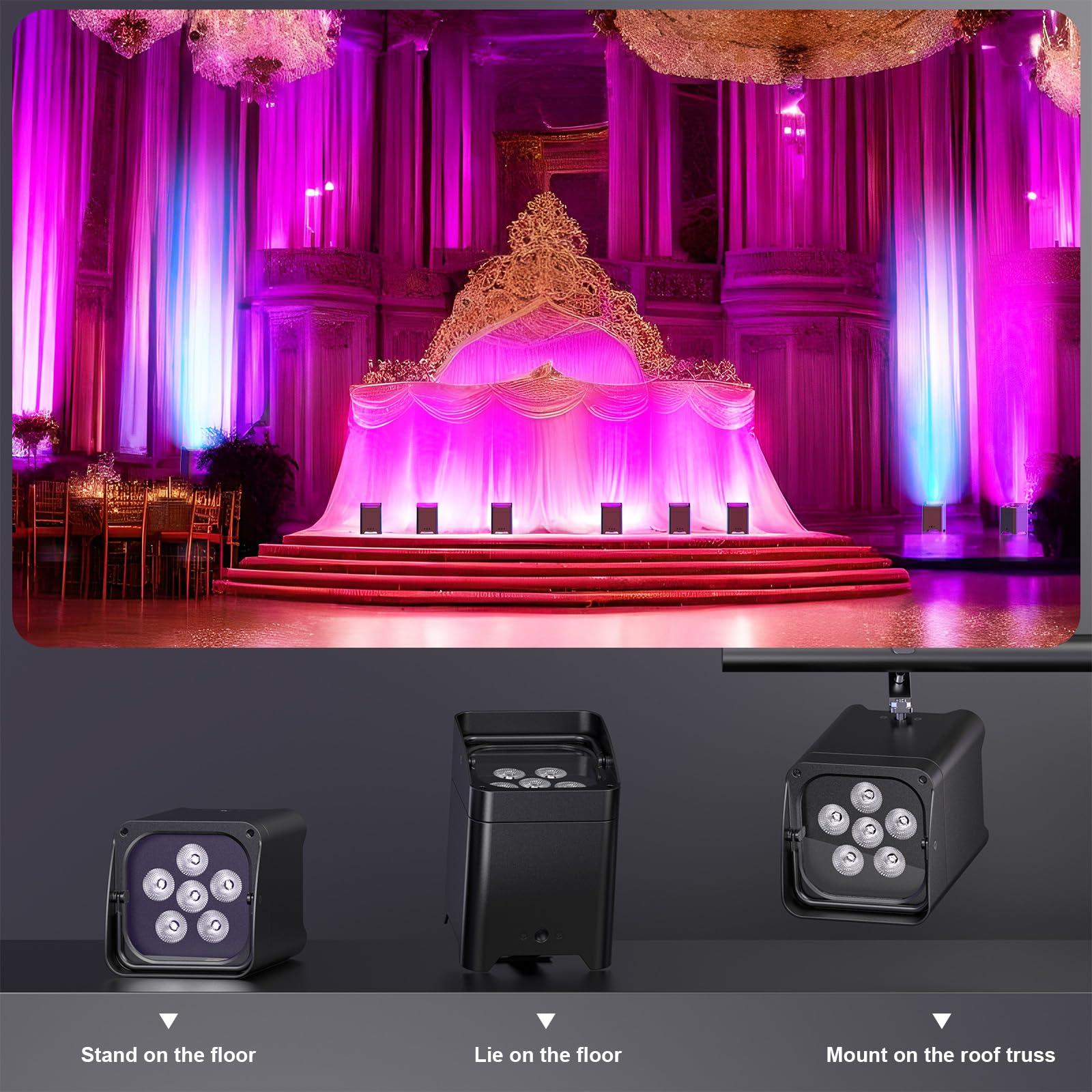 LED Par Akku, 4 Stück 108W 6 in 1 RGBWA+UV Bühnenlicht mit 9600mAh, Lichtpaket, APP Kontrolle, LED Strahler Akku mit DMX und Fernbedienung für Party, Bar, Halloween, Weihnachten | Lichtpaket, APP Kontrolle, LED Strahler Akku mit DMX und Fernbedienung für