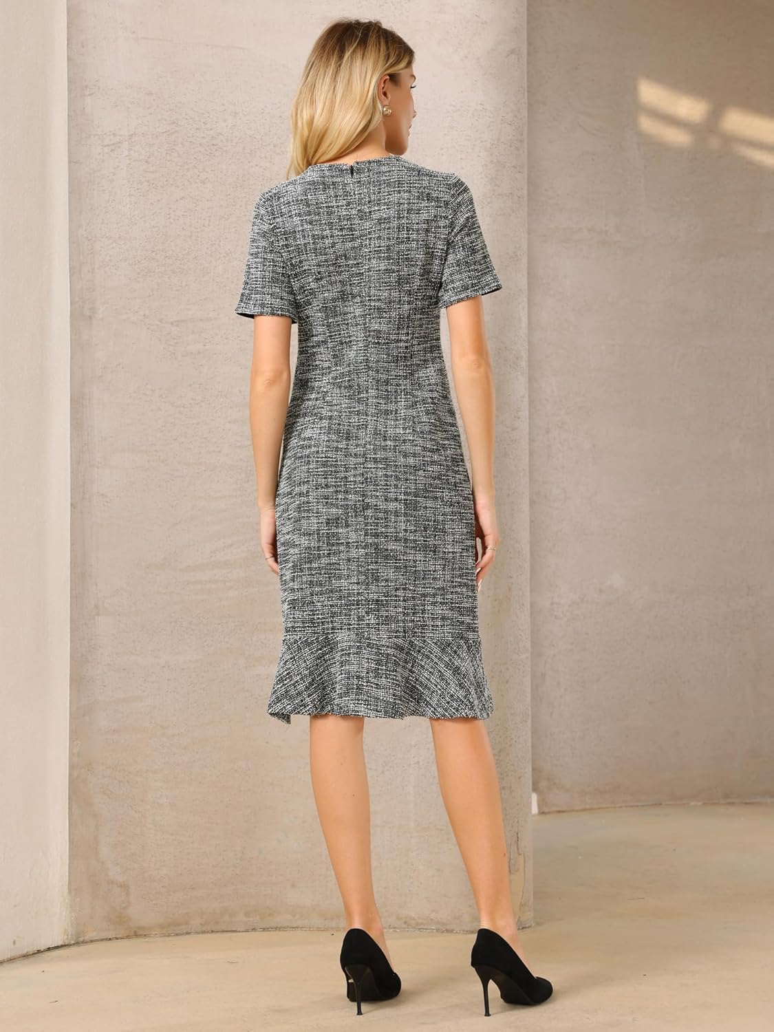 Women's Tweed Dress Short Sleeve 2025 Elegant Wedding Cocktail Bodycon Midi Fishtail Dresses - Image 5