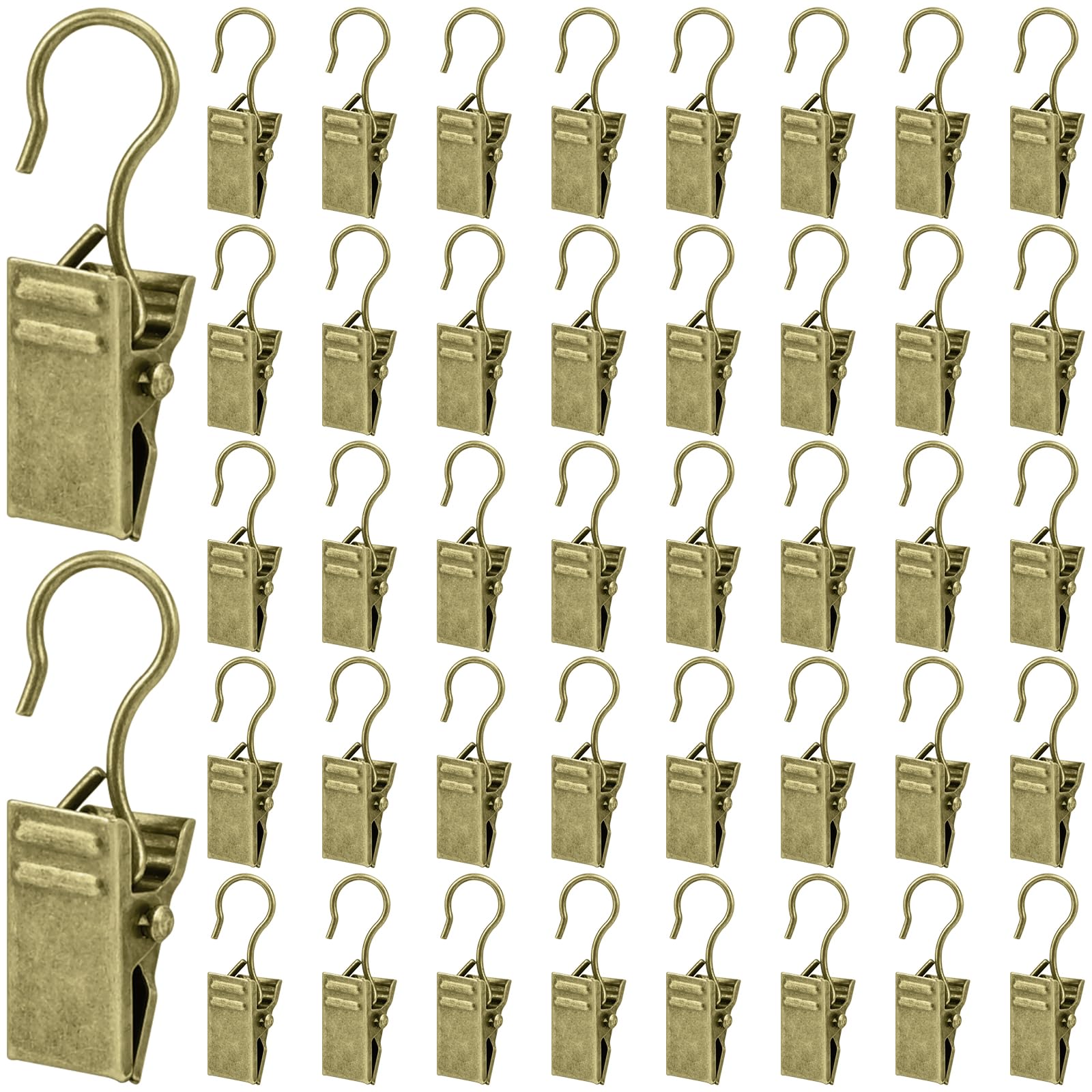 JAXICREY 60 Pcs Curtain Clips, Metal Decorative Hanging Clips, Antique Brass Curtain Clip with Hooks, Clip Hooks for Bathroom, Shower Curtains, Drapery Window, Decorations, Home Kitchen, Photo Decors