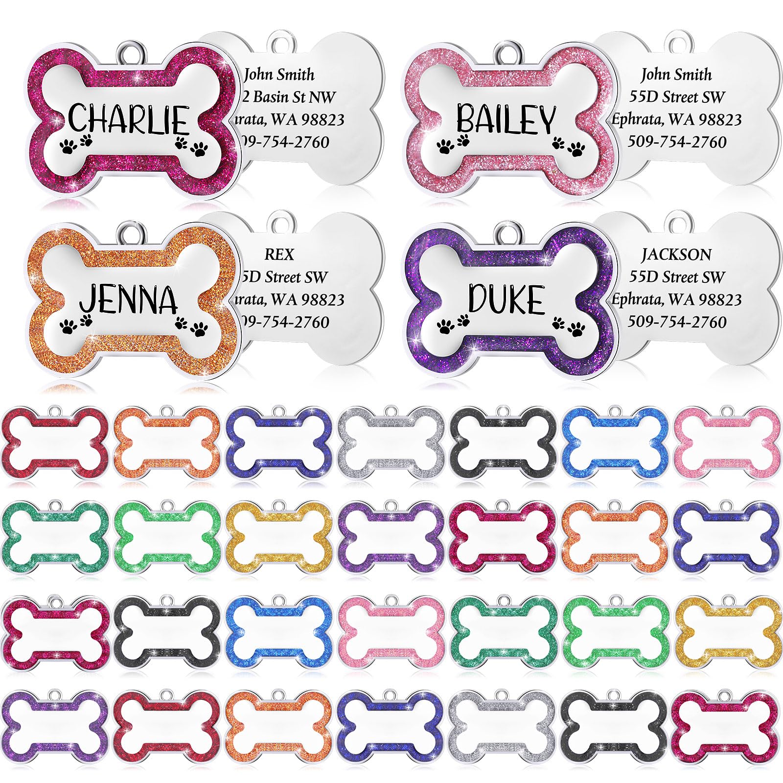 Yaocom 50 Pcs Personalized Dog Tags with Glitter Blank Pet ID for Engraving 4.6mm Metal Bone Shape Name DIY Engraved Puppy Cat, 12 Colors