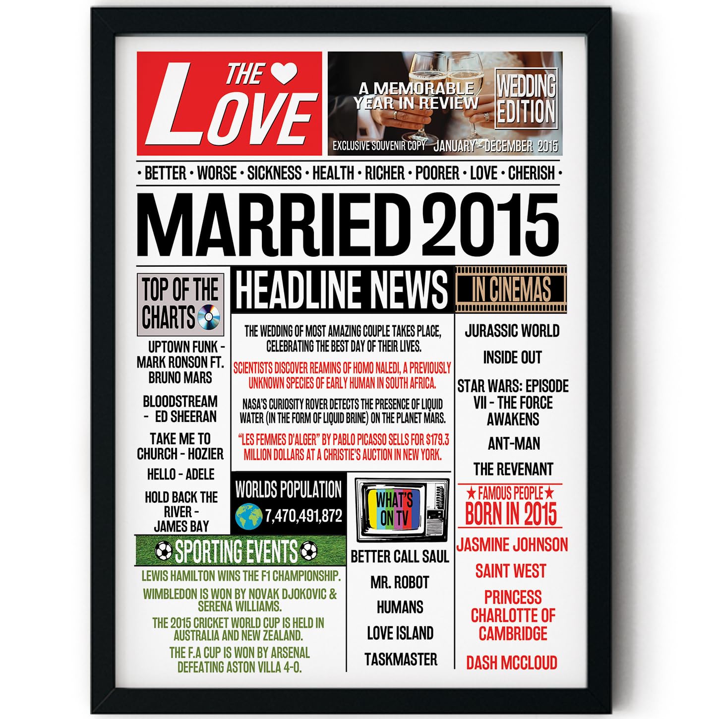 Stuff4 Men's 2015 11Th Anniversary Poster Framed - Married In Newspaper - Happy 11Th Wedding Anniversary For Wo Vintage Retro Back In 8X10 Inch Anniversaries Posters