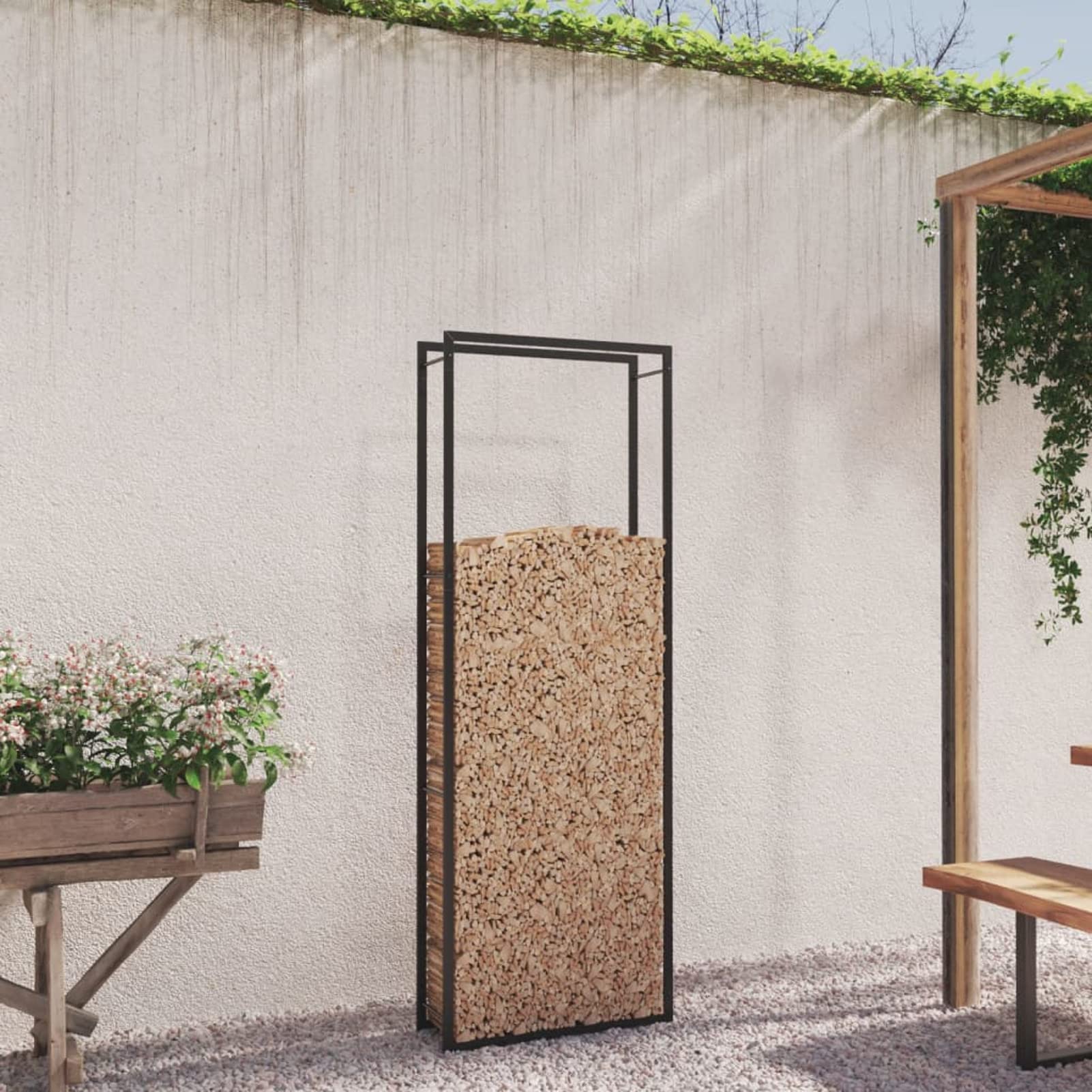 Homgoday Leñera negra mate 80 x 28 x 222 cm de acero, leñera de interior, estante de madera para chimenea y estufa