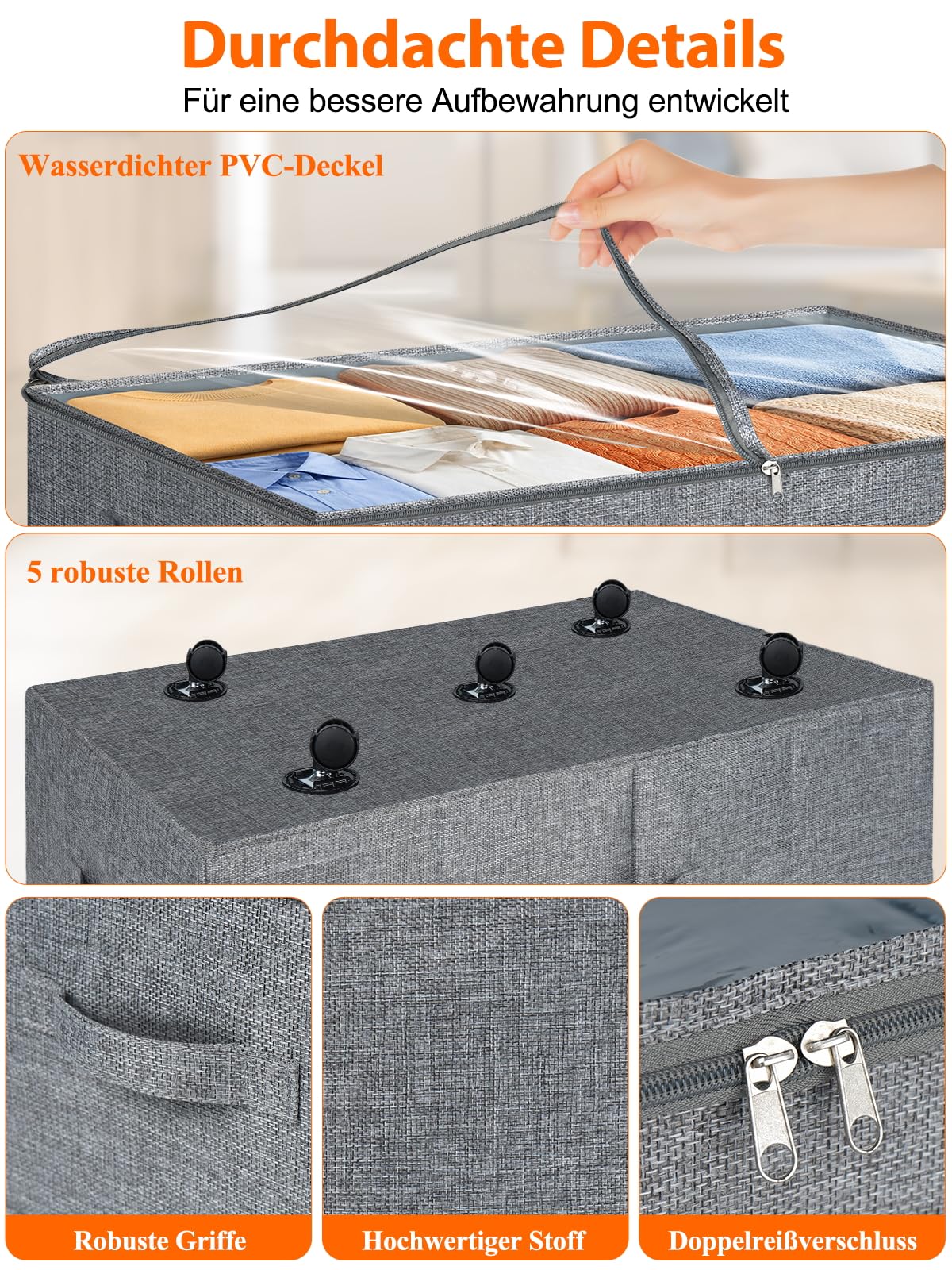 25 cm hohe Unterbettkommode mit 5 Rollen, 75 L Unterbett-Aufbewahrungsbox