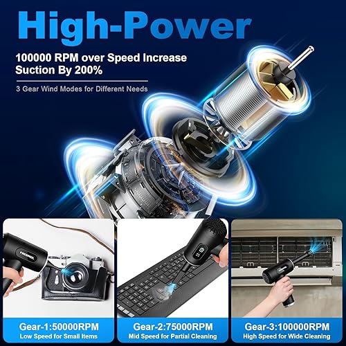 Miniatura 2 de Plumero de aire comprimido, 3 engranajes, ajustable, 100000 RPM, plumero de aire eléctrico con luz LED, soplador de aire inalámbrico recargable para