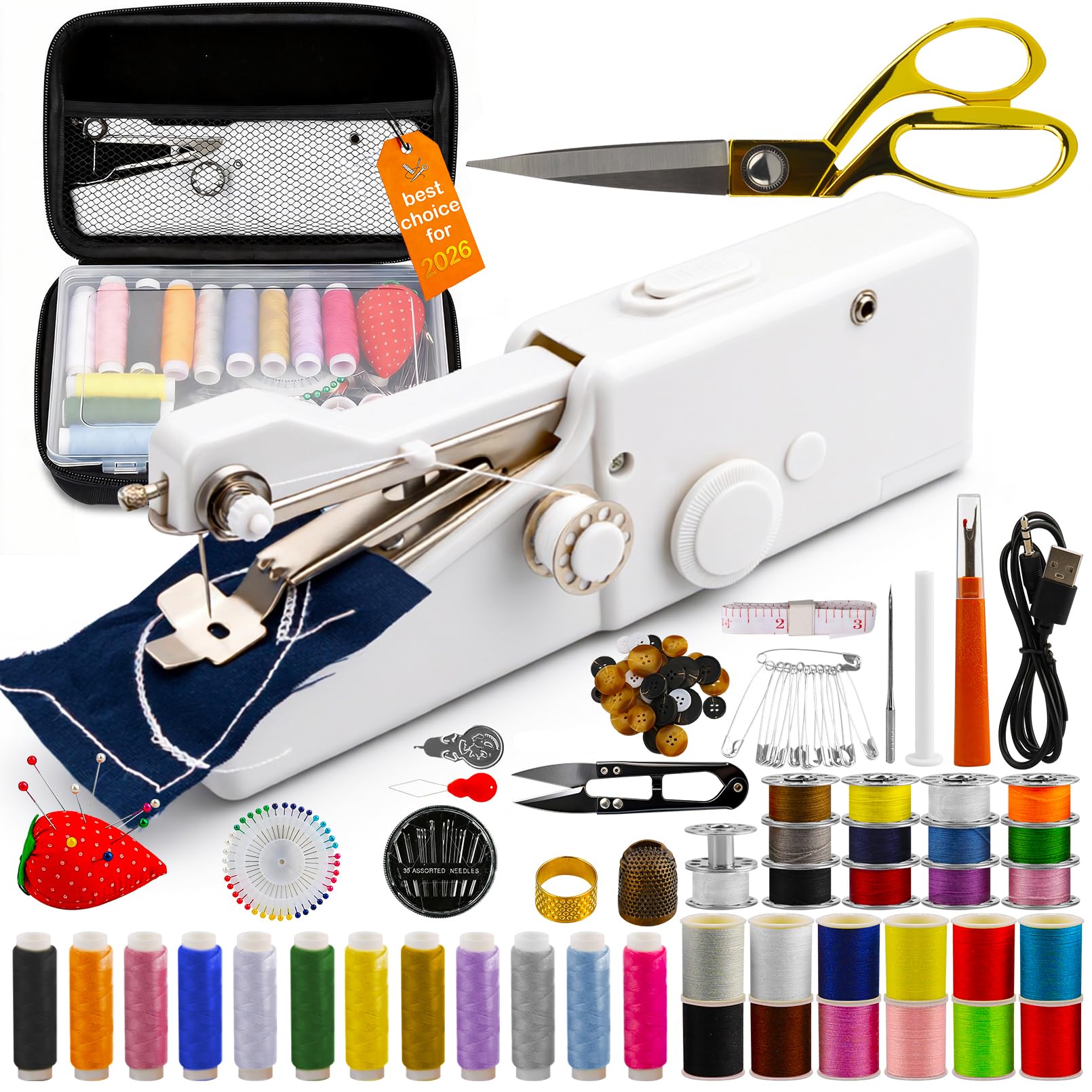 BRICH Portable Handheld Sewing Machine with Black Storage Box & 125-Piece Sewing Kit - Compact Cordless Design Ideal for Adults and Beginners - Essential for Quick Home Clothing Repairs and Alteration
