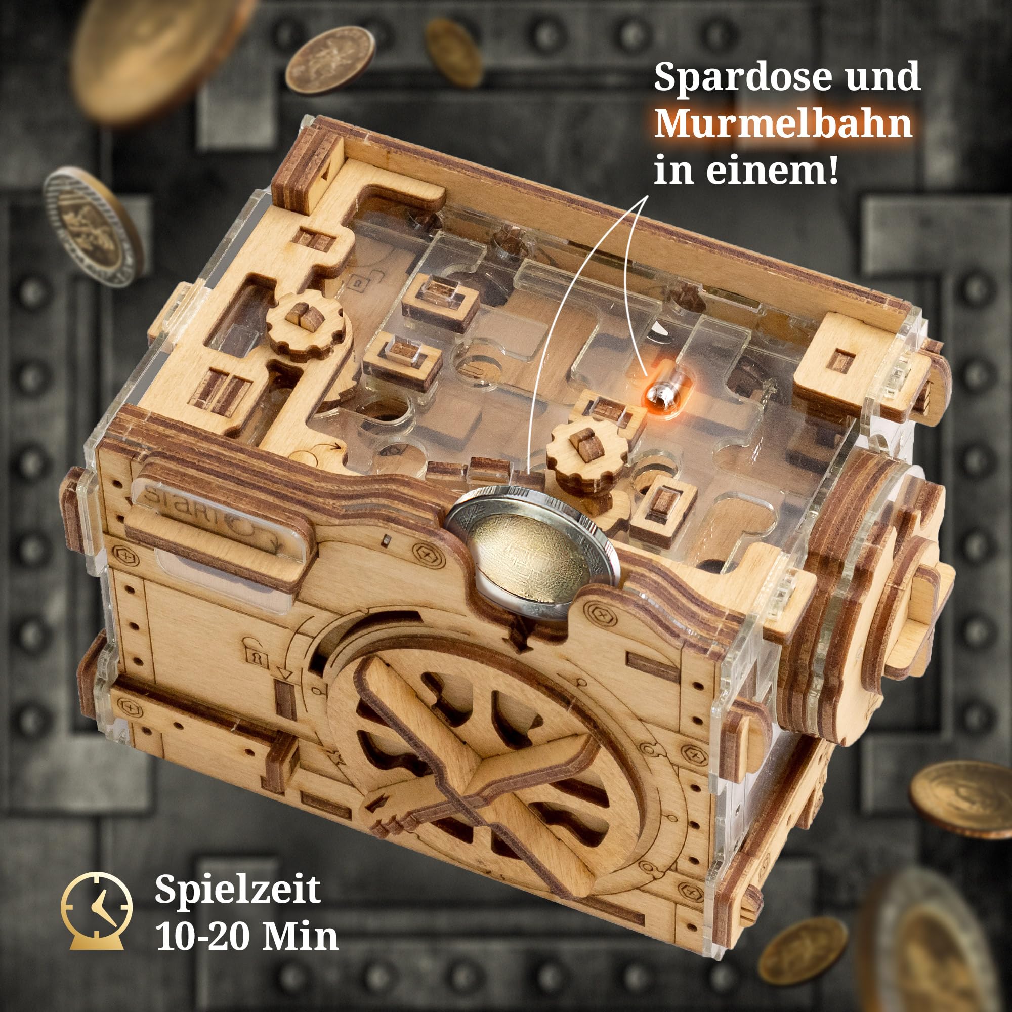 iDventure Amazeing Safe - Murmelbahn Spardose Puzzlebox - Escape Room Spiel - Geschenkbox - Schatztruhe - 3D Holzpuzzle - Sequenzielle Puzzles Rätselbox Erwachsene - Geldgeschenk - Männer Geschenk