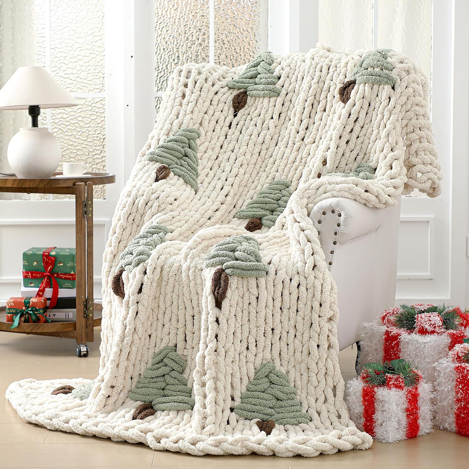 chunky knit throw blanket large 50" x 60" 100% handmade cream chenille loop yarn fluffy soft knitted throw big cozy thick cable knit crochet blanket for couch sofa bed(green,christmas tree) green christmas tree