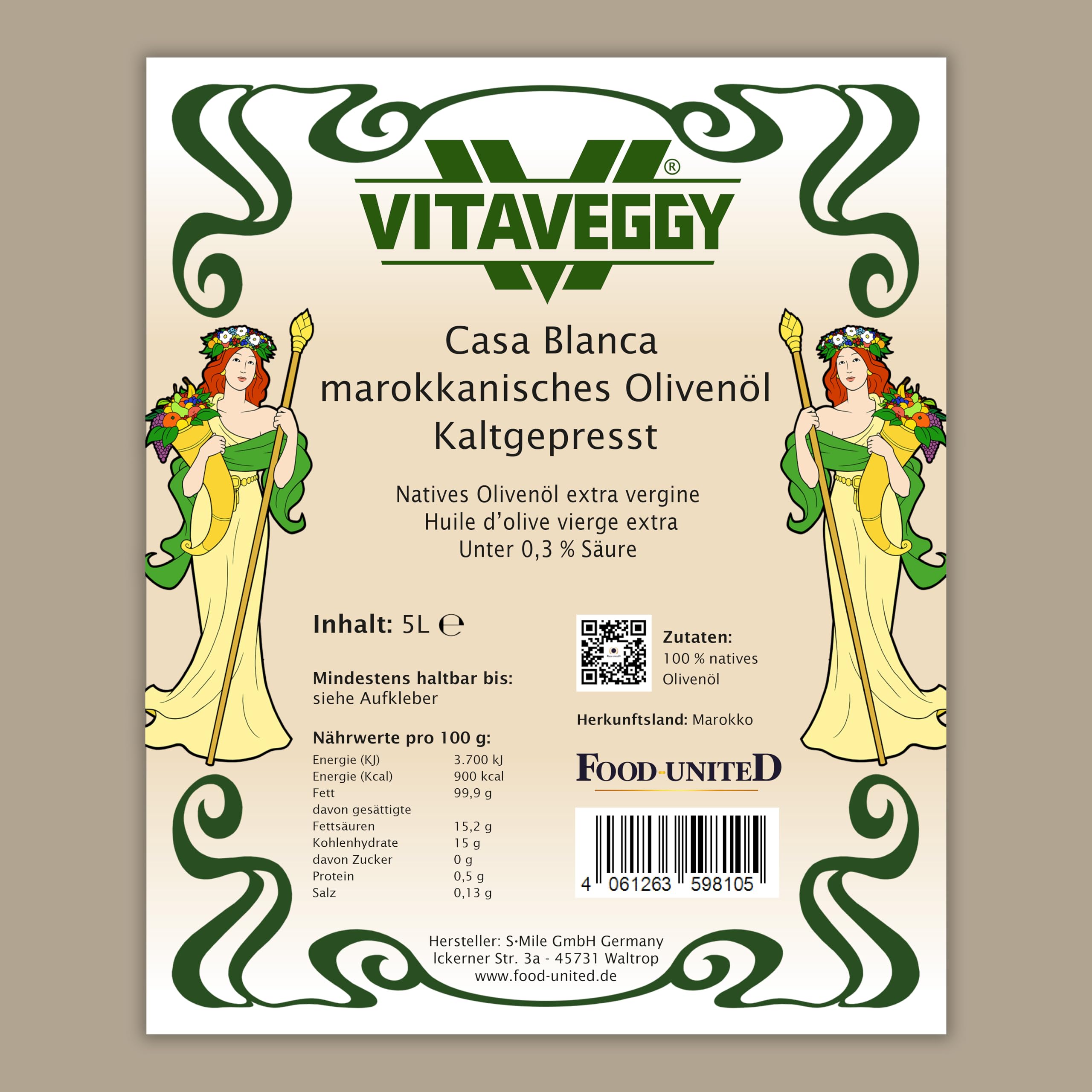 VITAVEGGY natives Olivenöl aus Marokko 2x5L | kaltgepresst | Premium-Speiseöl von Food-United | marokkanisches Olivenöl extra vergine virgin | für gesundheitsbewusstes Braten Kochen Tajine Salate (2)