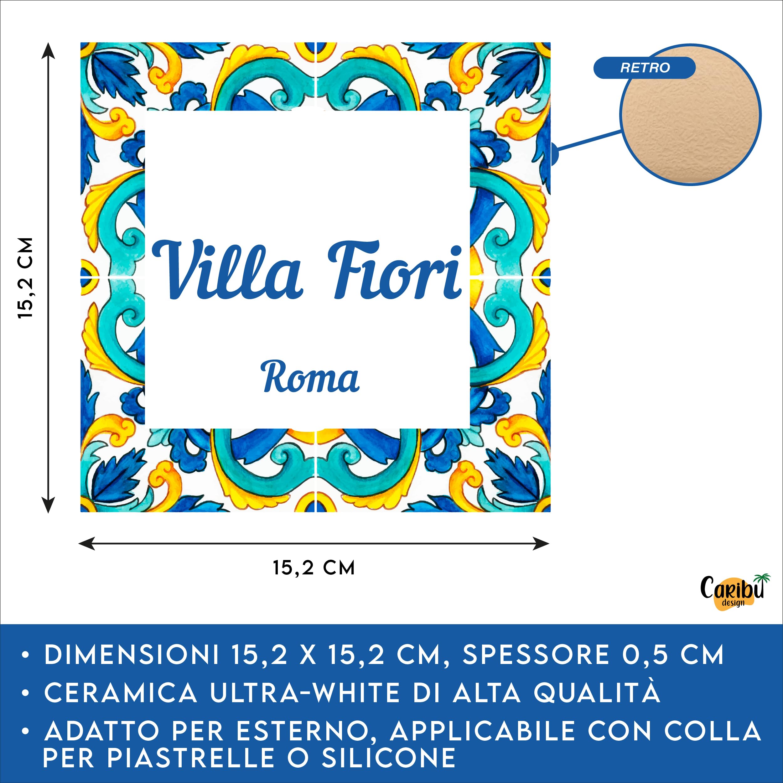 Numero Civico Personalizzato da Esterno - Mattonella in Ceramica 15,2x15,2 cm Targa Personalizzabile con Indirizzo, Via, Nome Famiglia, Testo - Piastrella Maiolica Quadrato Casa Villa