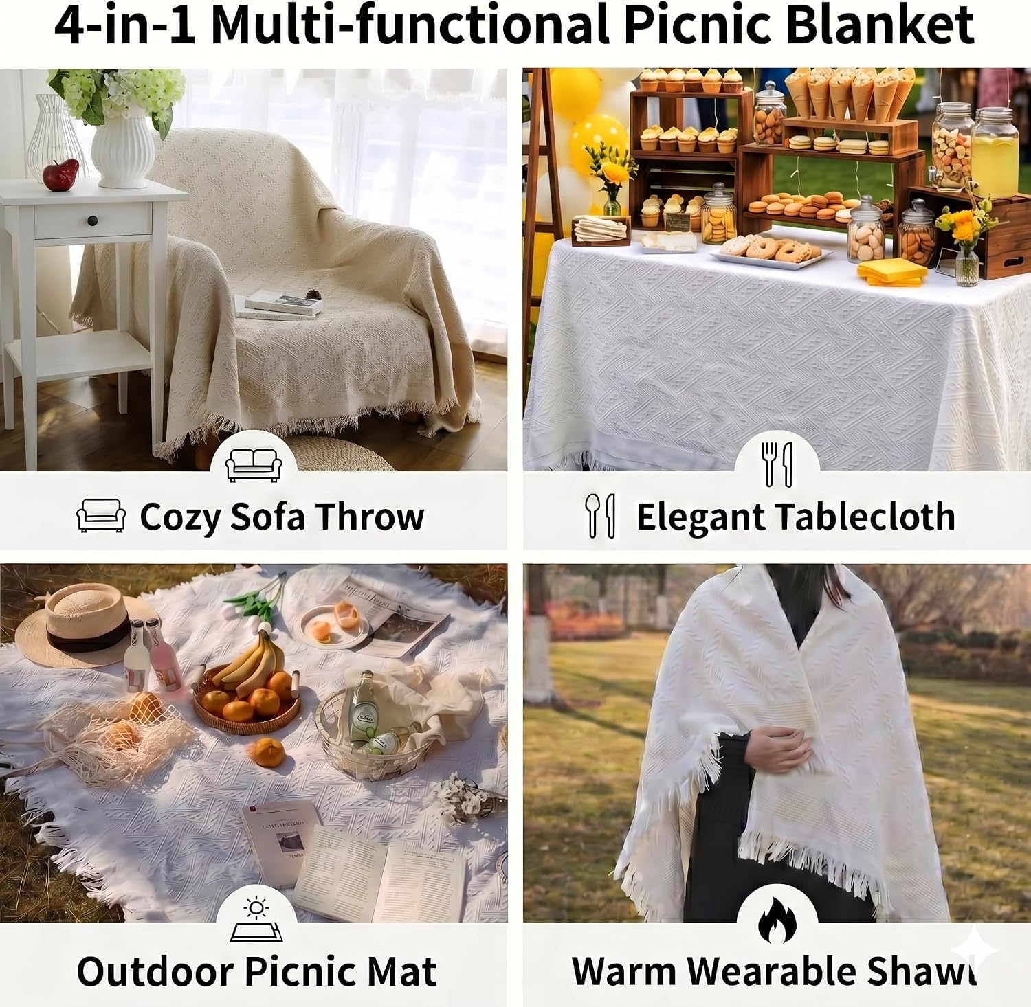 91"x 71" Picnic Blankets Extra Large, 2 in1 Double Layer Waterproof Mat + Blanket for 8 Adults, Portable Boho Camping Blanket, Beach Mat for Camping, Park, Beach (T-Pattern Blanket)