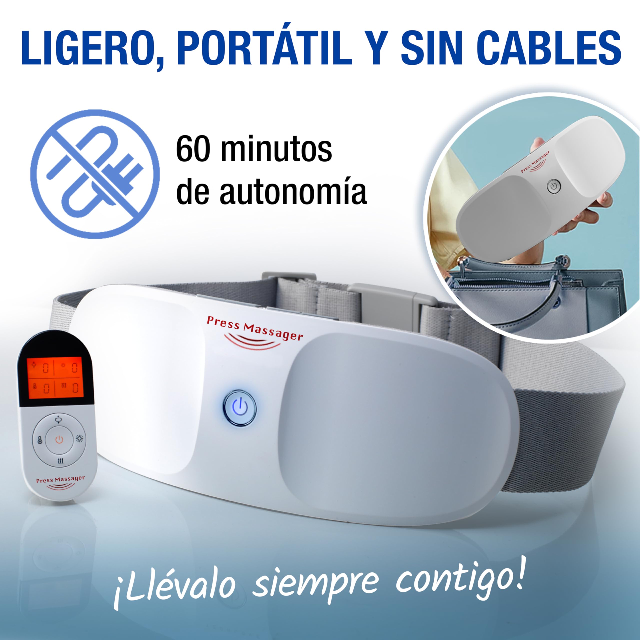 Cinturón de Masaje PRESS MASSAGER Ayuda a aliviar el dolor de espalda y abdominal. Masaje Shiatsu por Presoterapia, Infrarrojos, Termoterapia y Aromaterapia. Sin cables. Mando a distancia. Ajustable.