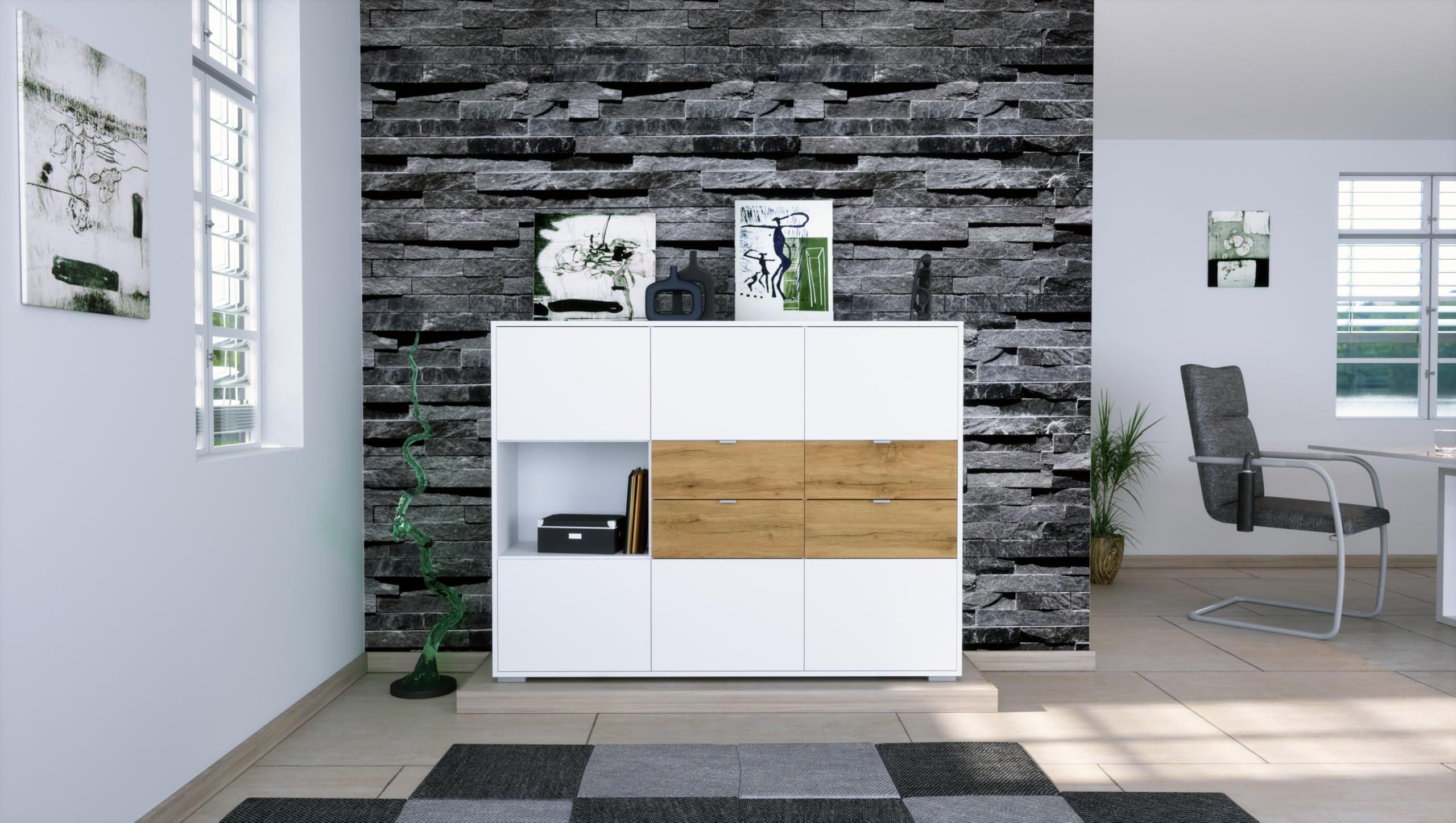 Vladon Highboard Milano V2, Sideboard mit 6 Türen Weiß matt und 4 Schubladen Eiche Evoke, Made in Germany, Korpus Weiß matt (152,5 x 118x 37 cm)