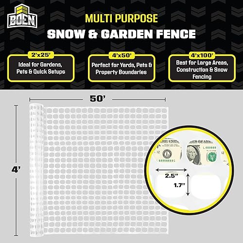 Miniatura 32 de BOEN Valla temporal negra de 4 x 100 pies, valla de nieve de malla, plástico, red de seguridad para jardín, barrera sobre el suelo, para ciervos