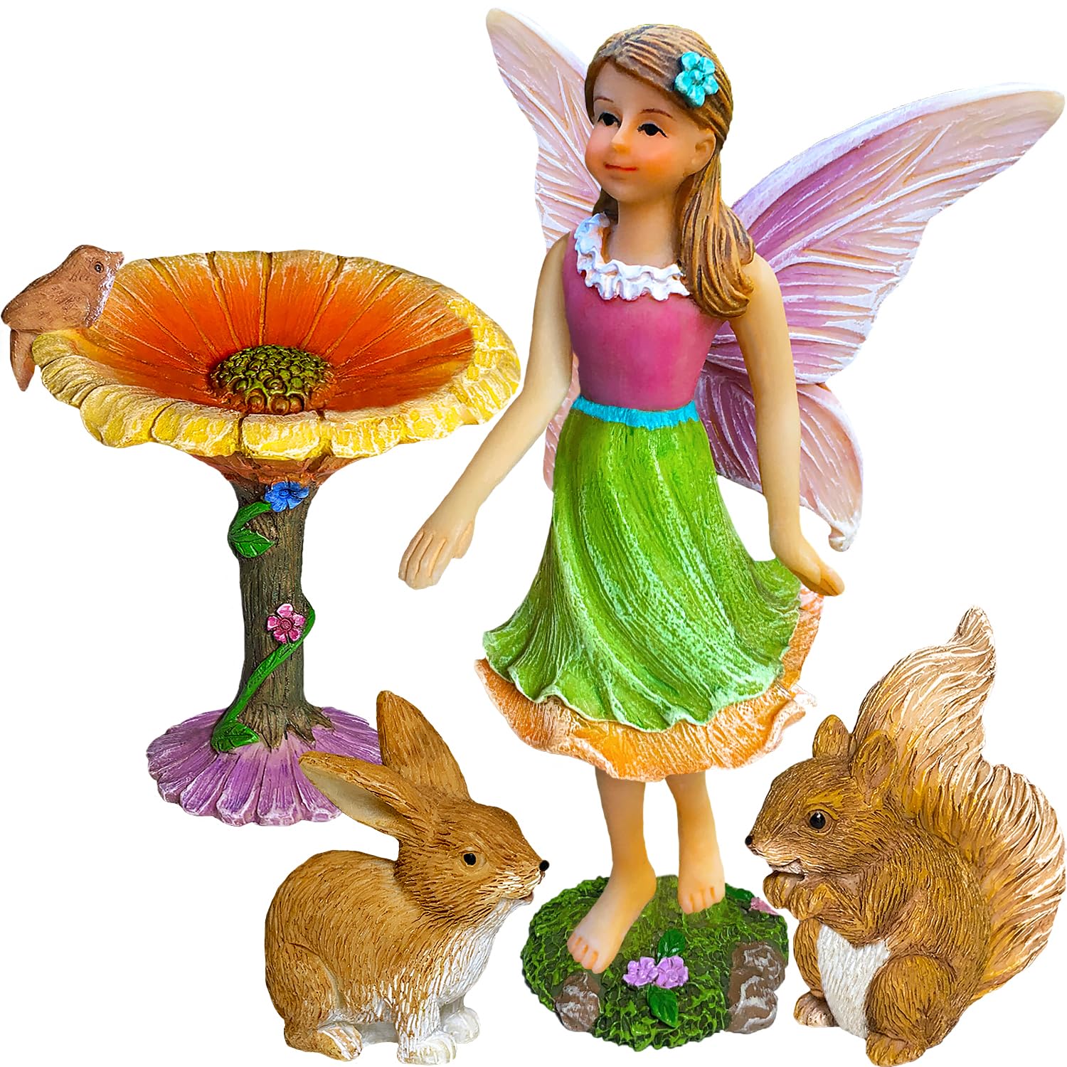 Mood Lab Fairy Garden Flower Fairy Figurines, Miniature Fairy Garden Decor Set, 4-Piece Indoor & Outdoor Decor
