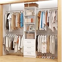 Dilando 5FT-9FT Custom Walk-In Closet Organizer with Drawers, 4 Expandable Rods, Wall-Mount White Wood Storage System
