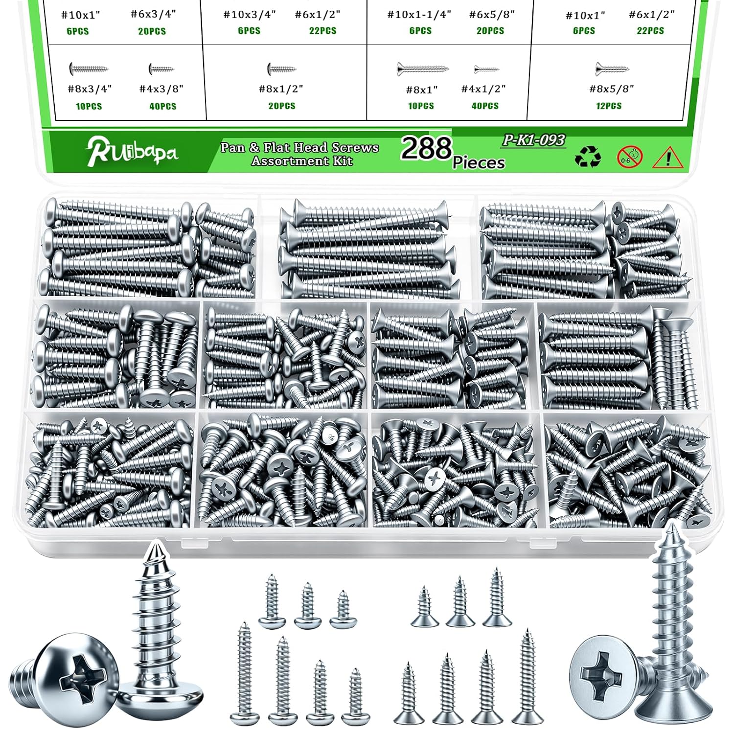 288PCS Screws Assortment Kit,Self Tapping Wood Screws #4/#6/#8/#10 Screw Assortment Kit,Round Head Screws Length 3/8" to 2",Sheet Metal Screws Assorted