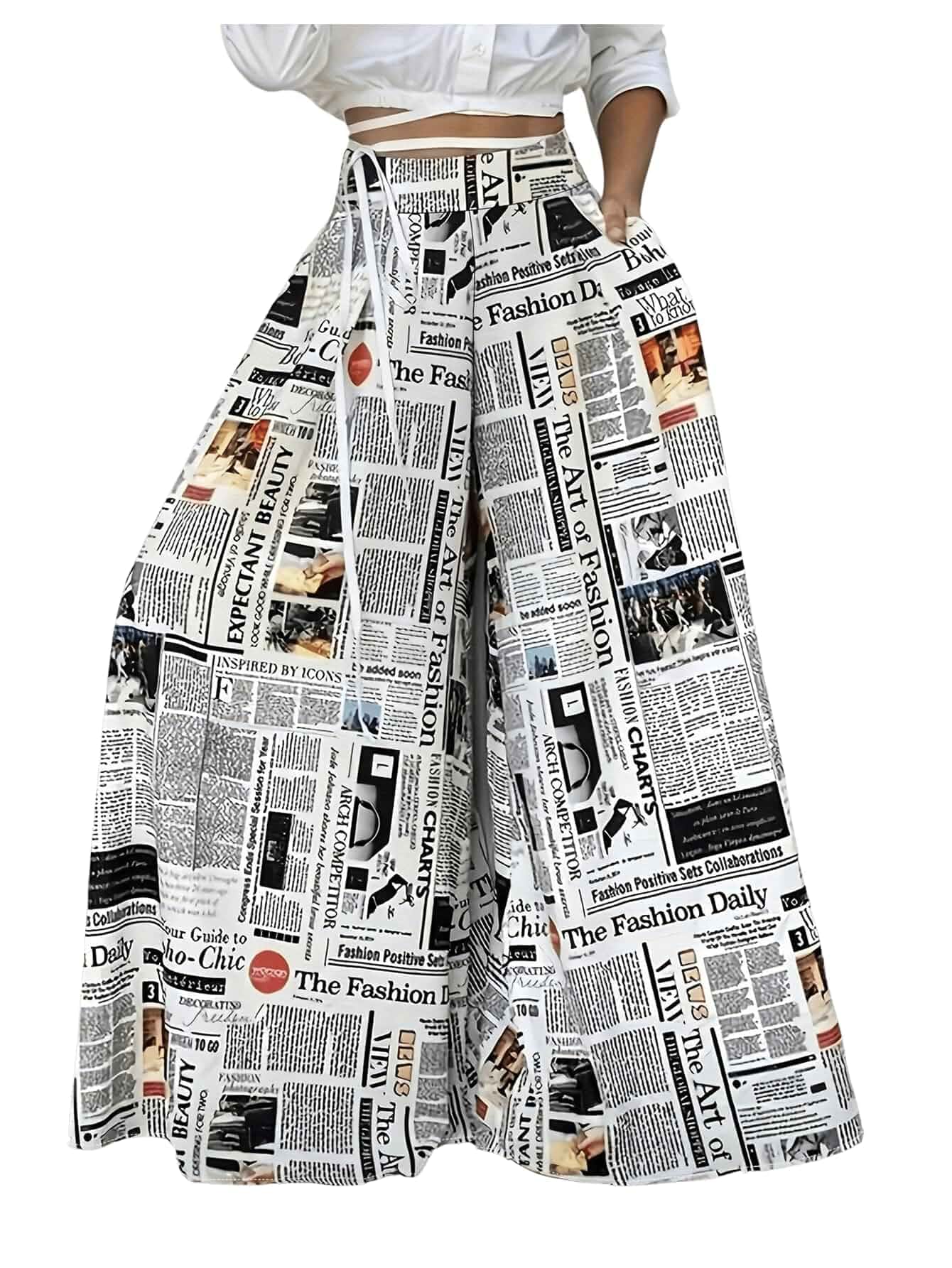 WDIRARA Women's Newspaper Print Wide Leg Pants | Maximalist,Elastic Waist,Loose,Funky,Letter,Palazzo