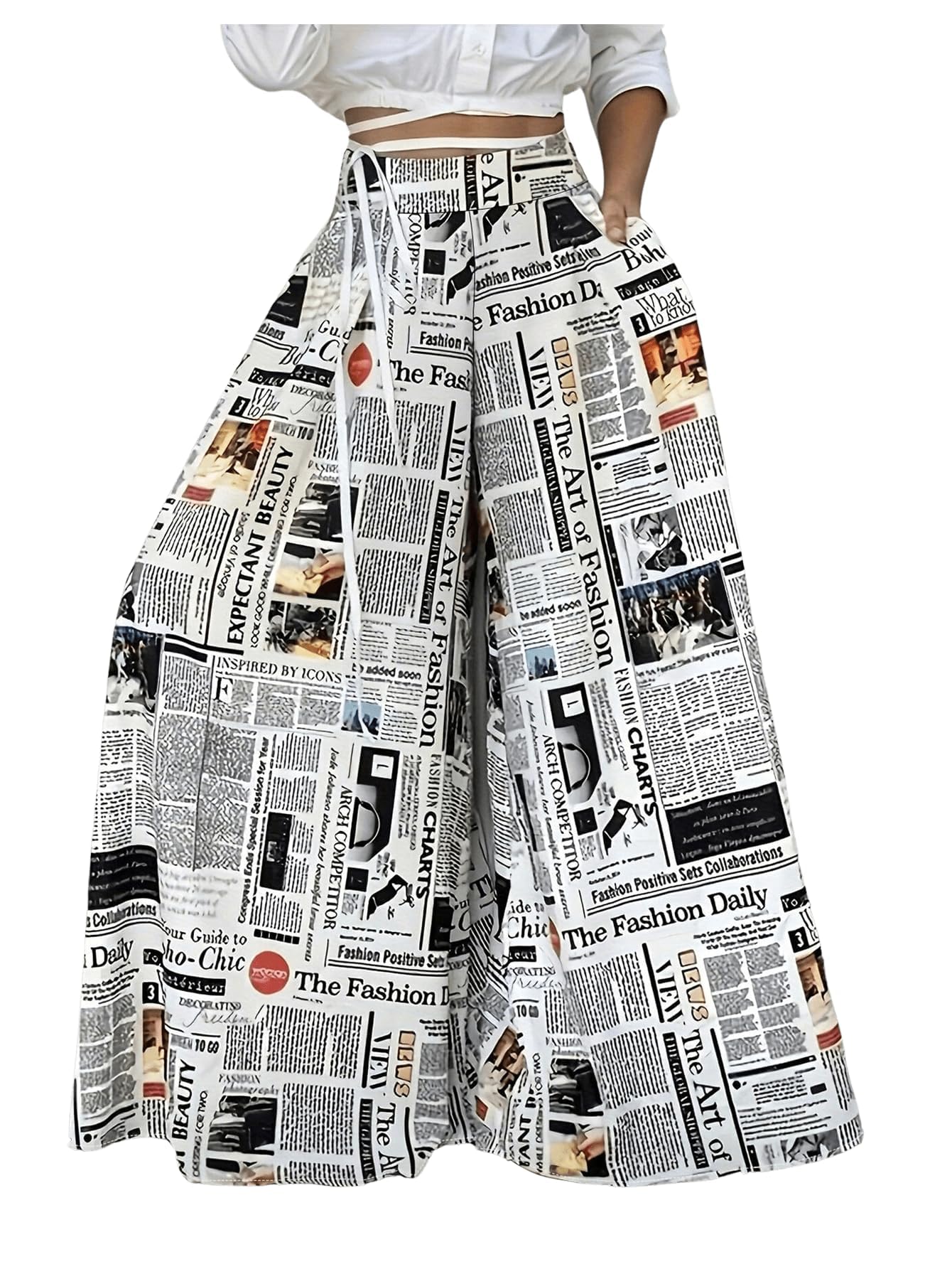 WDIRARA Women's Newspaper Print Wide Leg Pants