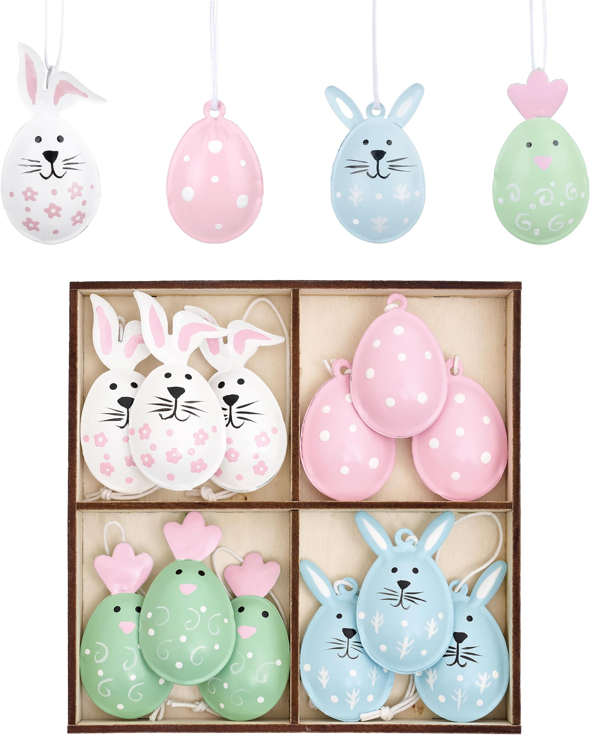 Valery Madelyn Easter Decorations, Metal Hanging Tree Decorations,Pink Blue White Green Pendants with Egg, Bird and Rabbit for Spring Home Decor Gift (12)