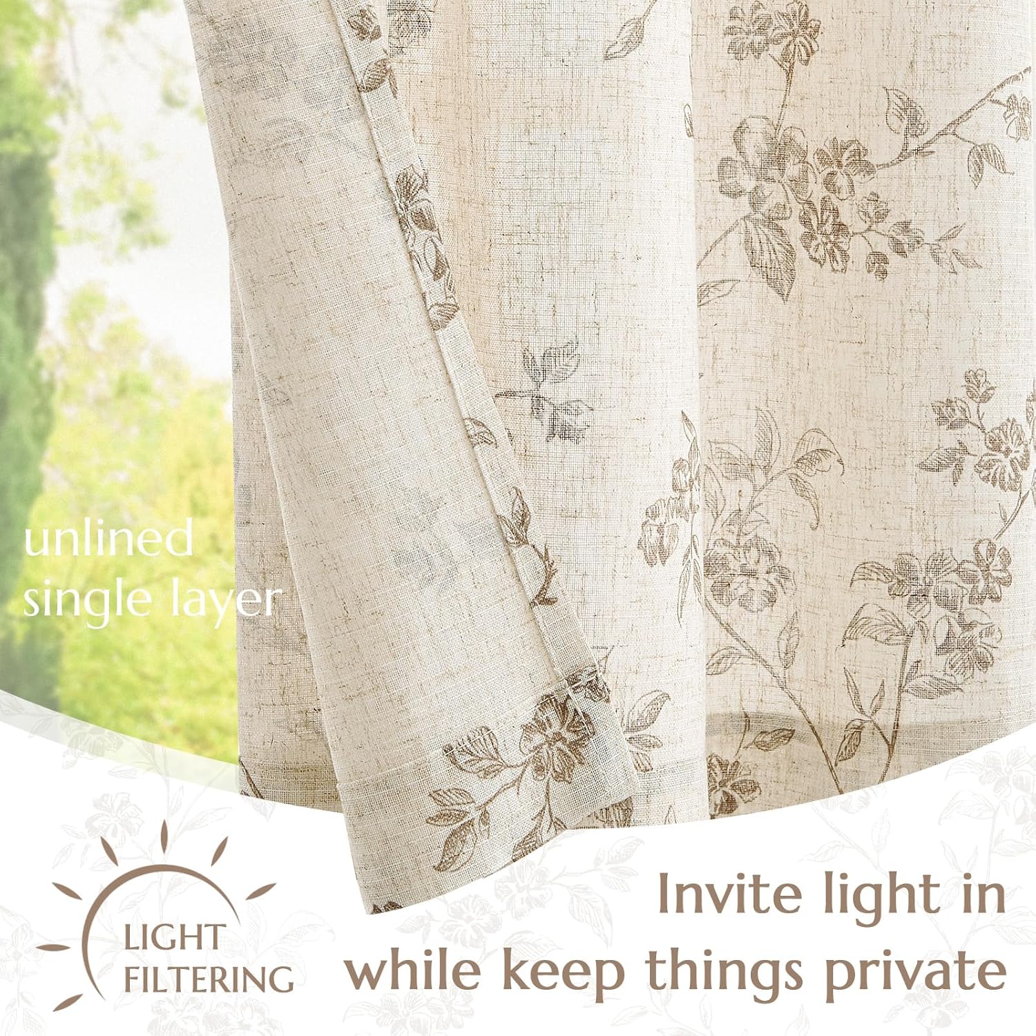 jinchan Floral Linen Kitchen Curtains with Attached Valance 24 Inch Length Farmhouse Cafe Tier Curtains for Living Room Bathroom Rustic Half Window Light Filtering Small Drapes 2 Panels Taupe
