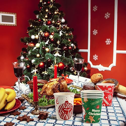 Miniatura 6 de Jetec 100 vasos de papel de Navidad, desechables, para café, té, 9 onzas, con copos de nieve, Papá Noel, muñeco de nieve, alce, suministros de