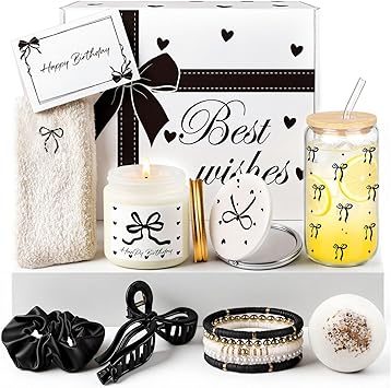 Elegant Birthday Gifts for Women, Black Bow Unique Birthday Relaxing Gifts Box with Scented Candles, Greeting Card & Home-Spa Relaxation, Birthdays Presents for Her, Best Friend, Sister, Wife