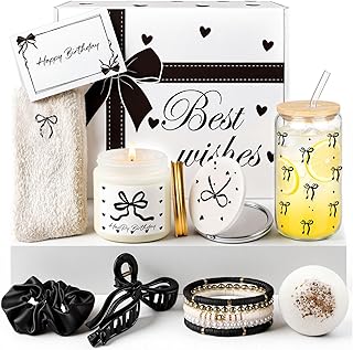 Giftota Elegantes Geburtstagsgeschenk für Frauen – Schwarze Schleifen Geschenkbox als exklusives Wellness Geschenkset mit Duftkerze, Badebombe & stilvollen Beauty Accessoires