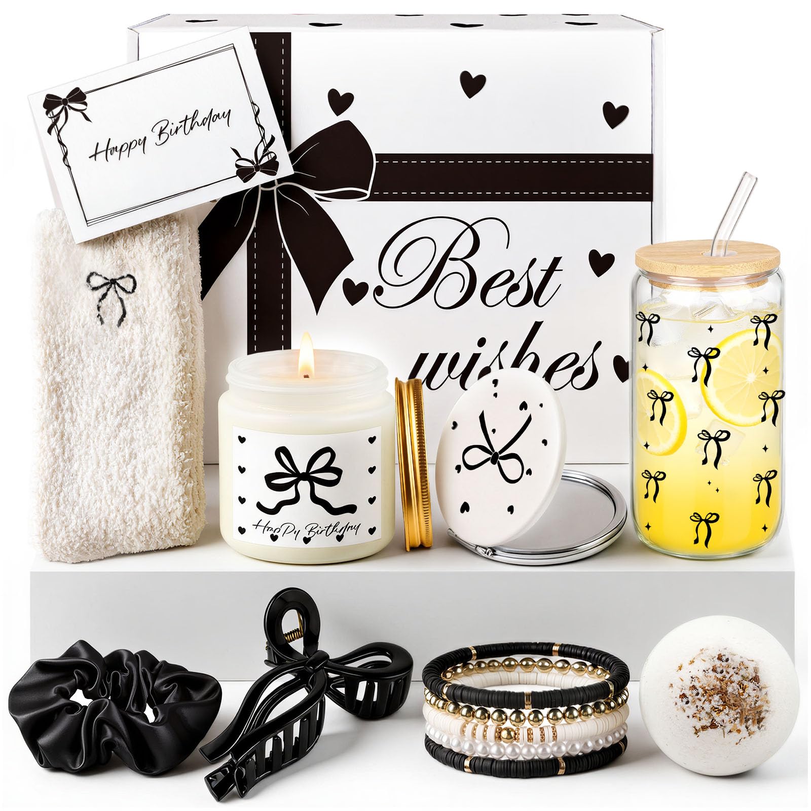 Giftota Elegantes Geburtstagsgeschenk für Frauen – Schwarze Schleifen Geschenkbox als exklusives Wellness Geschenkset mit Duftkerze, Badebombe & stilvollen Beauty Accessoires