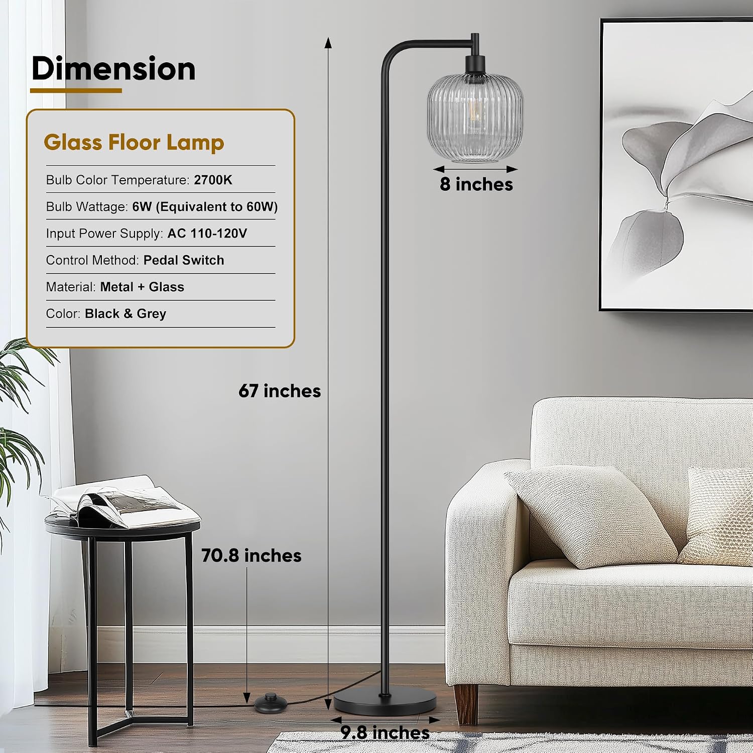 QiMH Glass Floor Lamp for Living Room, Modern Standing Lamp with Ribbed Grey Glass Lampshade Pedal Switch, 67” Tall Lamp for Bedroom Study Room, Black (2700K LED Bulb Included)