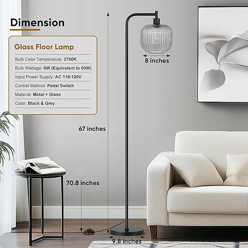 Miniatura 4 de QiMH Lámpara de pie de cristal para sala de estar, lámpara de pie moderna con interruptor de pedal de pantalla de vidrio gris acanalado, lámpara de