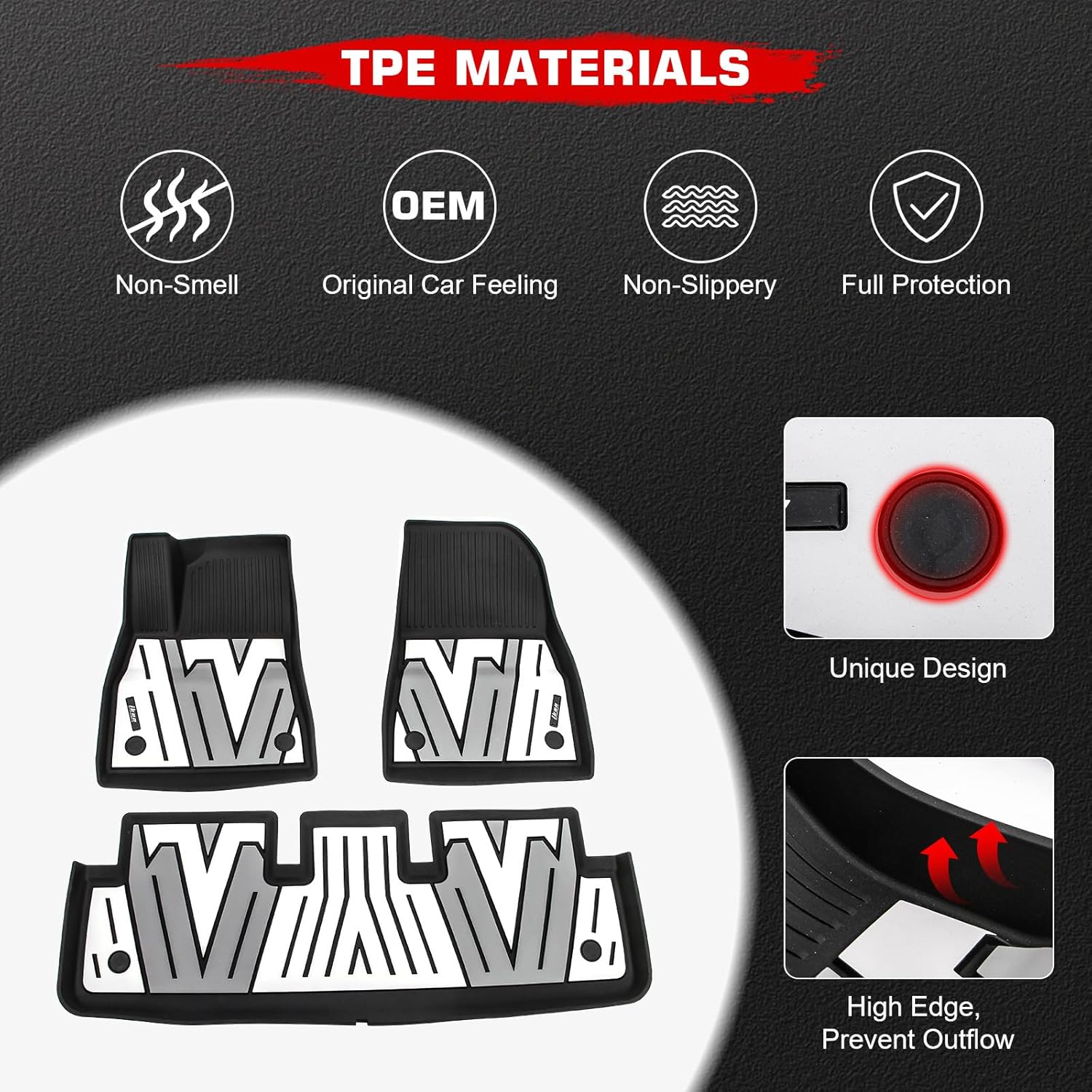 IKON MOTORSPORTS 3D TPE Floor Mats, Compatible with 2024-2025 Tesla Model 3, All Weather Waterproof Non-Slip Floor Liners, Front & 2nd Row Full Set Car Interior Accessories, Black & Gray & White