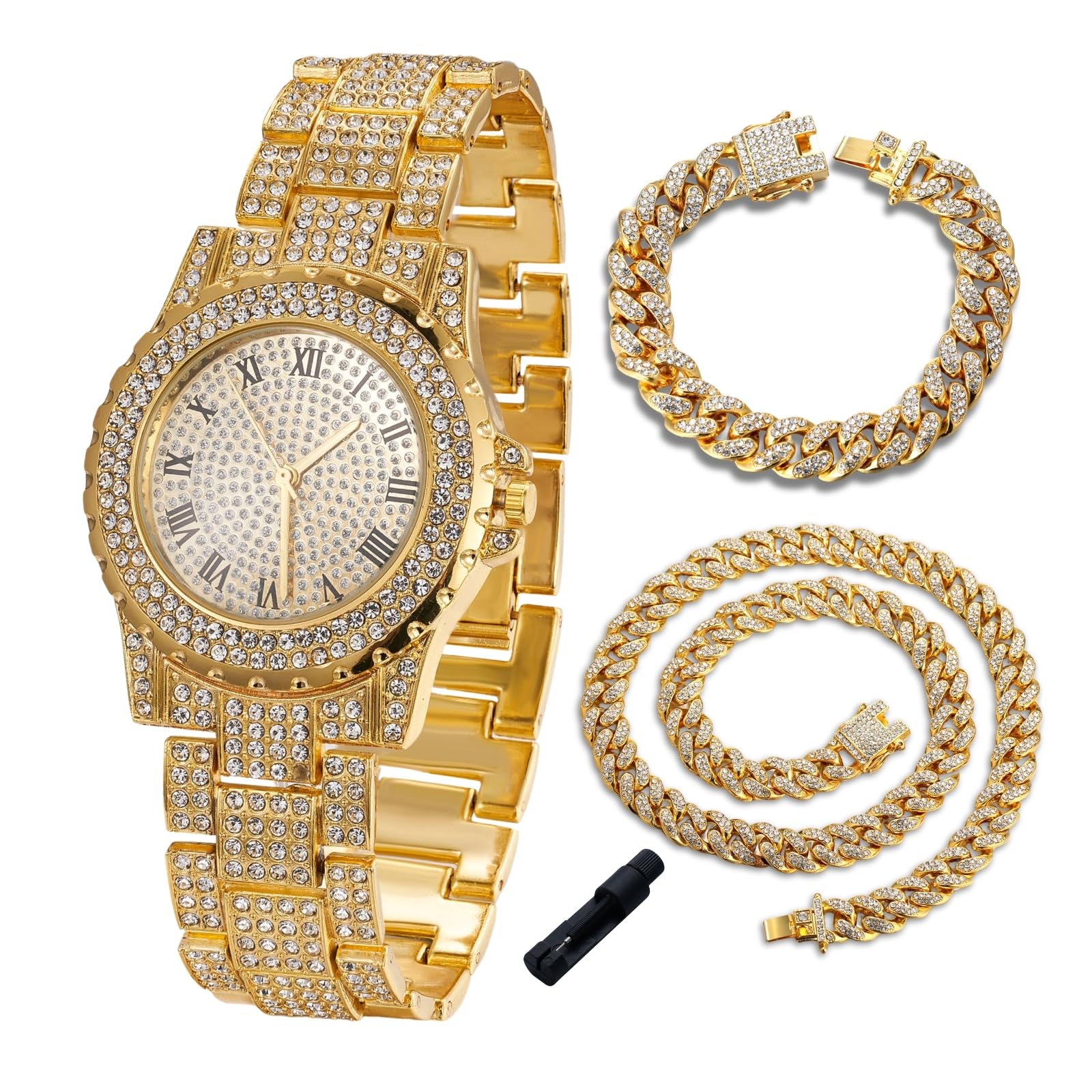 HALUKAKAH Orologio con Diamanti in Oro per Bambini - Placcato in Oro 18 Carati/Platino,Quadrante Rotondo 39mm,Quarzo Giapponese - Lunghezza 19cm - Opzionale con Catena Cubana,con Strumento Regolatore