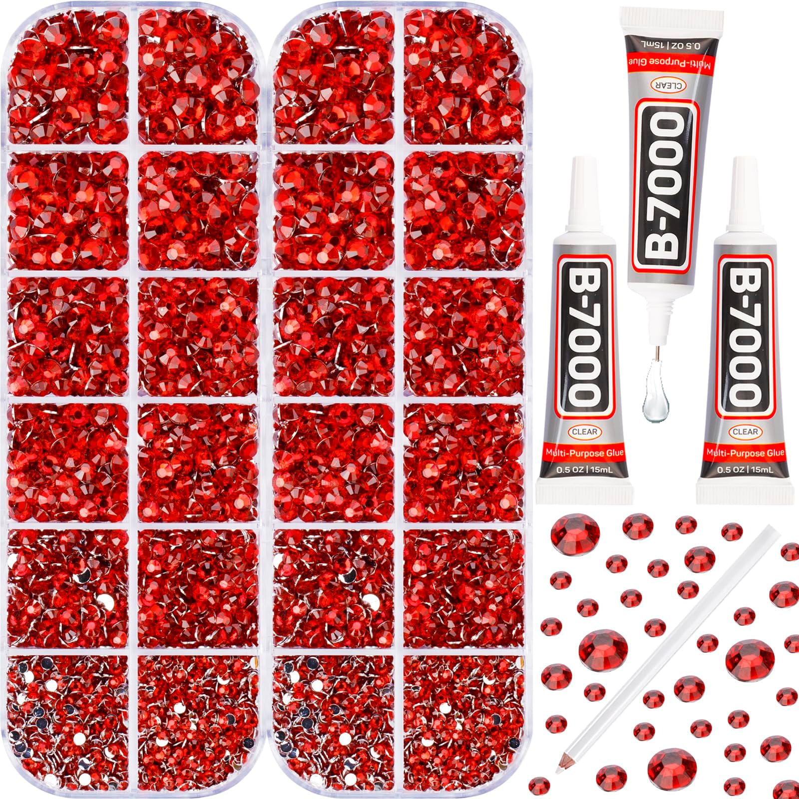 11000Pcs Red Rhinestones with b7000 Glue for Crafts Clothing Clothes Nails Crafting Shoes Tumblers Tshirt, Rinestones Flatback Gems Flat Back Crystals Diamonds 2-5mm Assorted Mixed Sizes