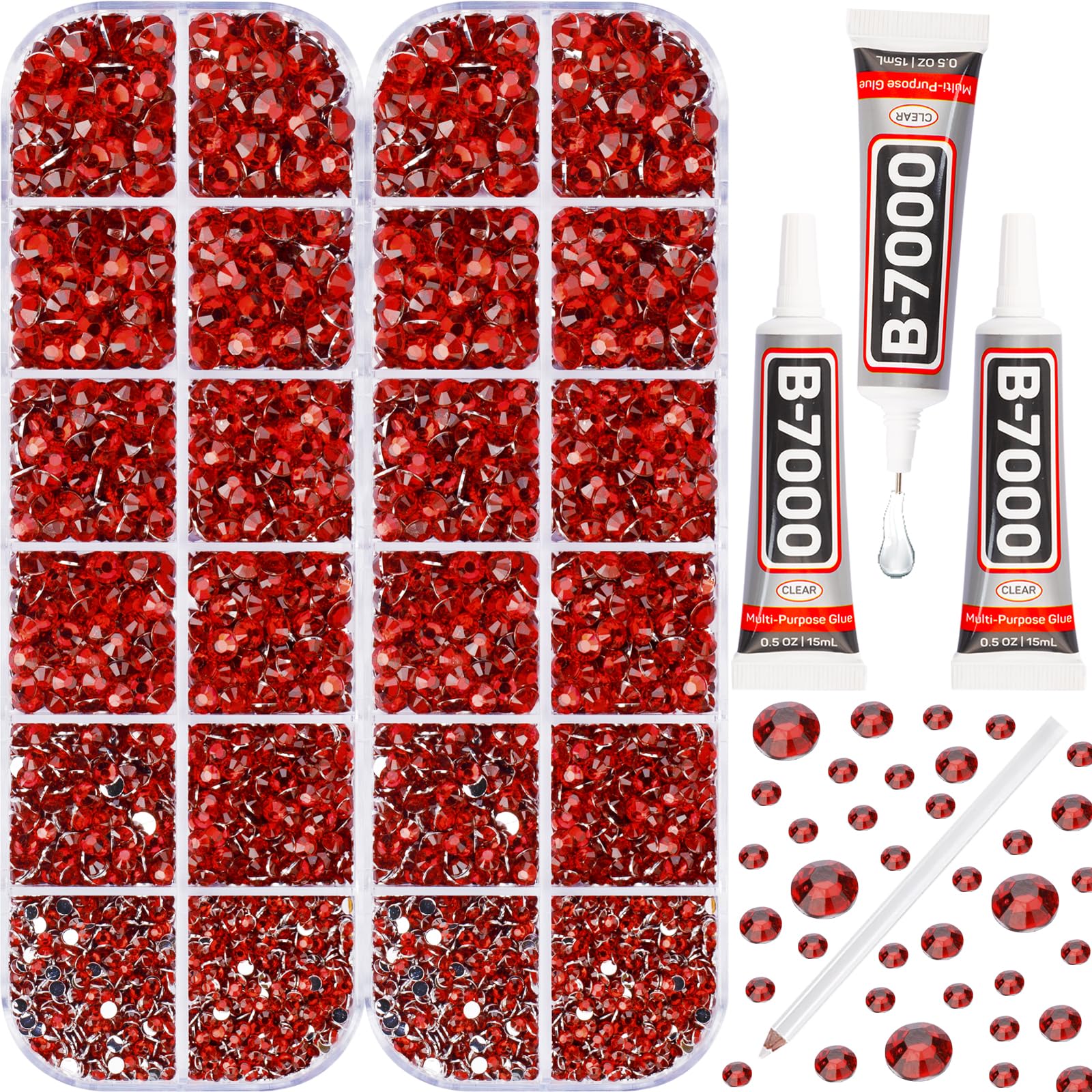 11000Pcs Red Rhinestones with b7000 Glue for Crafts Clothing Clothes Nails Crafting Shoes Tumblers Tshirt, Rinestones Flatback Gems Flat Back Crystals Diamonds 2-5mm Assorted Mixed Sizes