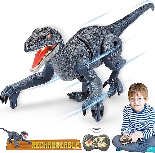 CUKU Dinosaurio de control remoto para niños y niñas, juguetes electrónicos RC de 2.4G, velociraptor de simulación educativa con cabeza sacudida de