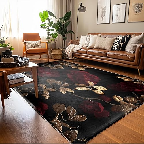 Miniatura 3 de Alfombra lavable de 6 x 9 pies alfombra antideslizante con patrón de rosas vintage para sala de estar, resistente a las manchas, alfombra suave